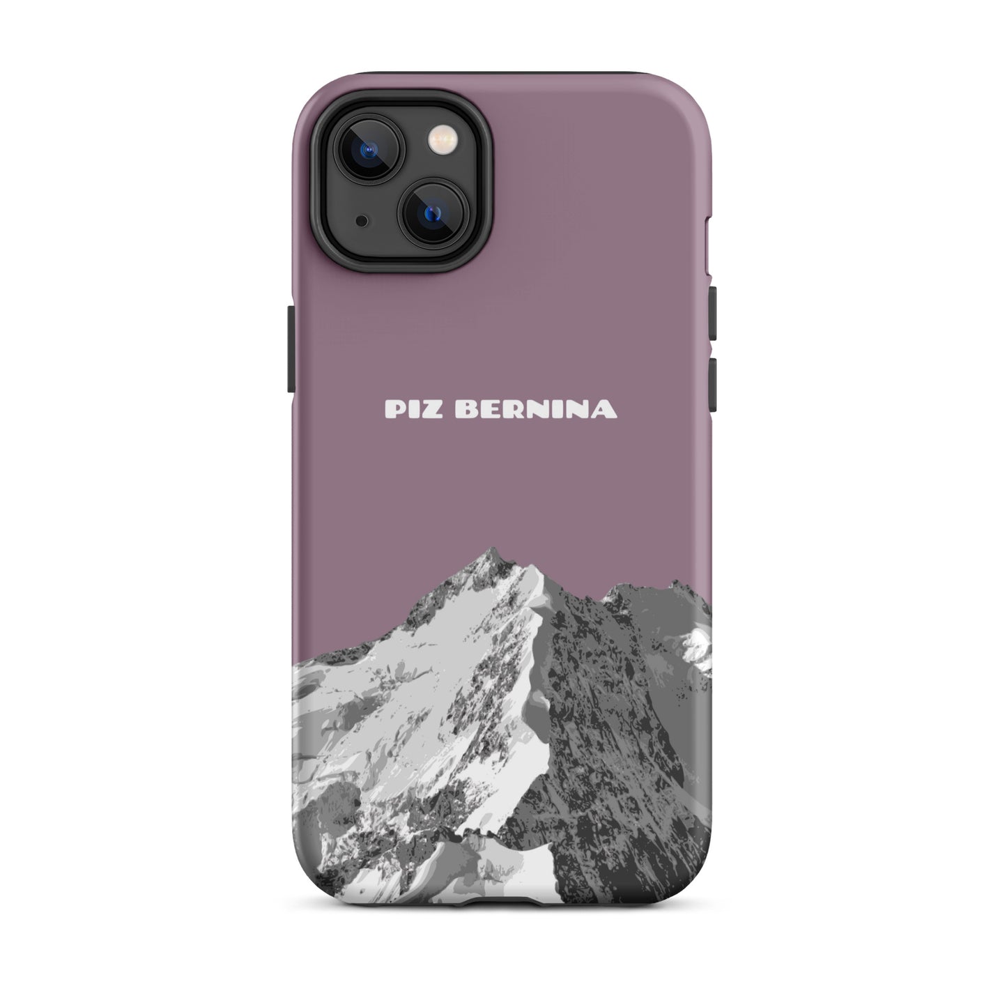 Hülle für das iPhone 14 Plus von Apple in der Farbe Pastellviolett, dass den Piz Bernina in Graubünden zeigt.