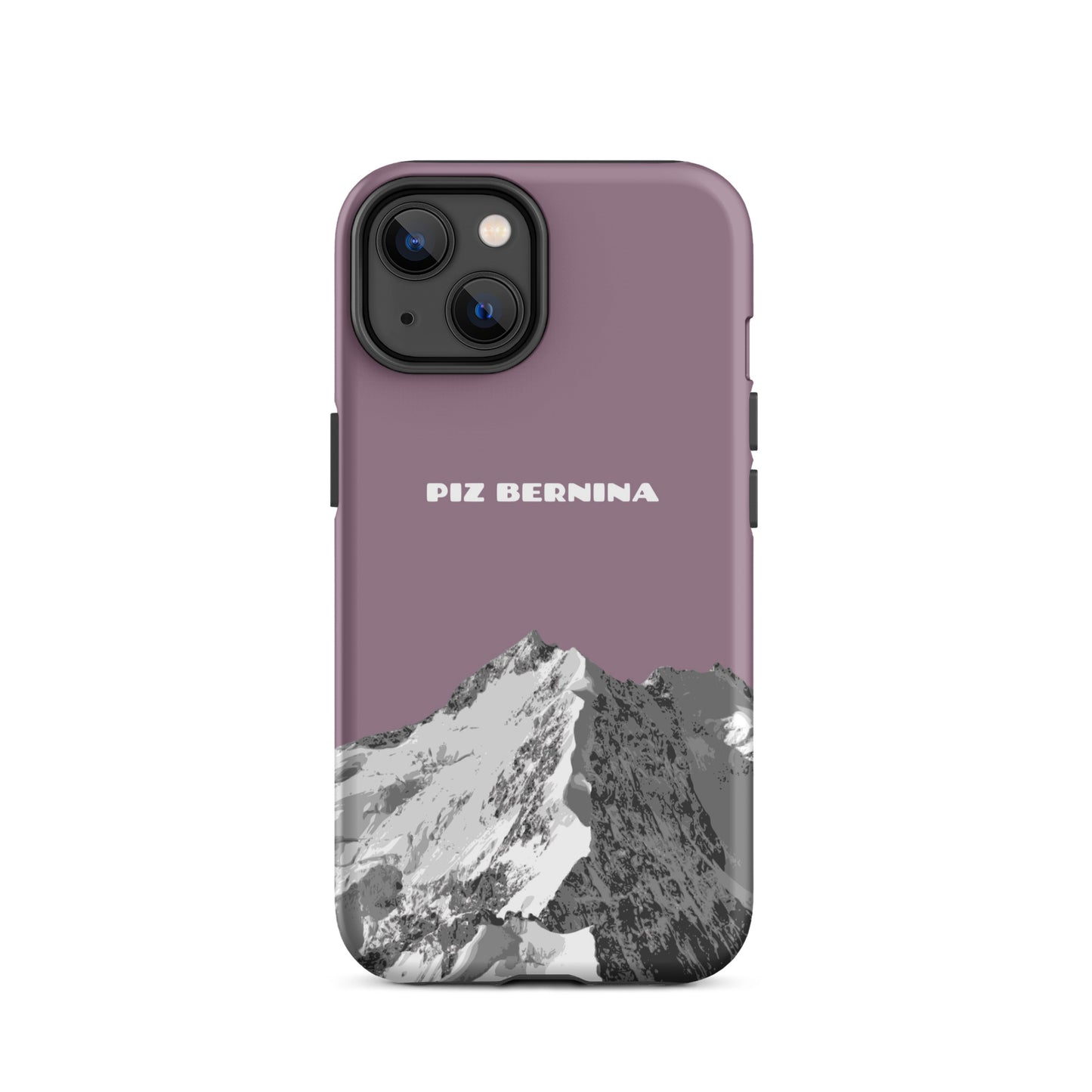 Hülle für das iPhone 14 von Apple in der Farbe Pastellviolett, dass den Piz Bernina in Graubünden zeigt.