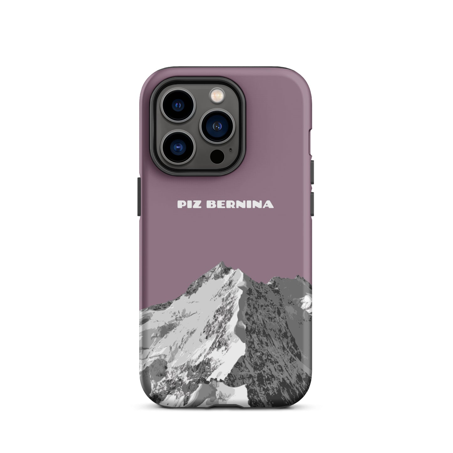 Hülle für das iPhone 14 Pro von Apple in der Farbe Pastellviolett, dass den Piz Bernina in Graubünden zeigt.