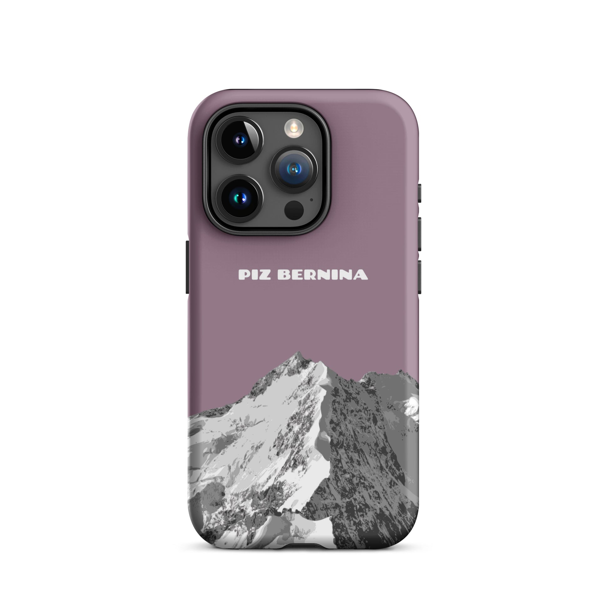 Hülle für das iPhone 15 Pro von Apple in der Farbe Pastellviolett, dass den Piz Bernina in Graubünden zeigt.