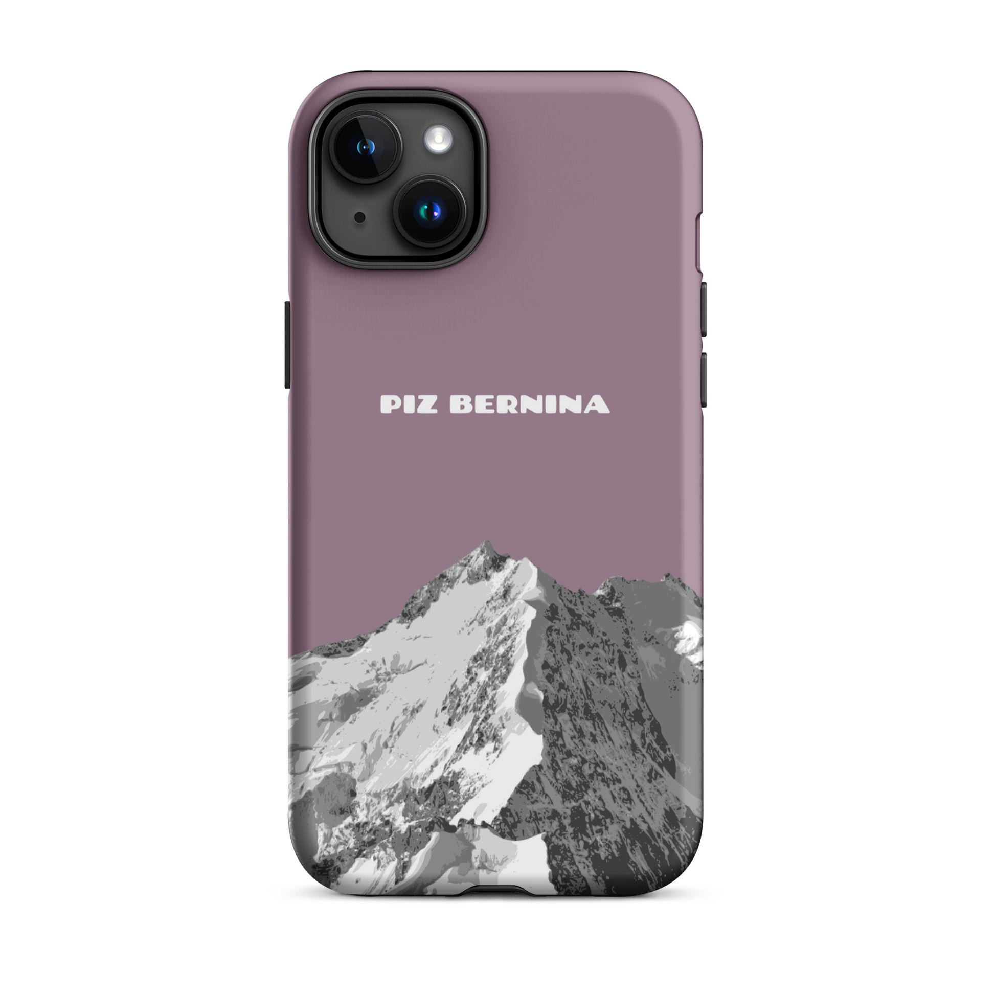 Hülle für das iPhone 15 Plus von Apple in der Farbe Pastellviolett, dass den Piz Bernina in Graubünden zeigt.