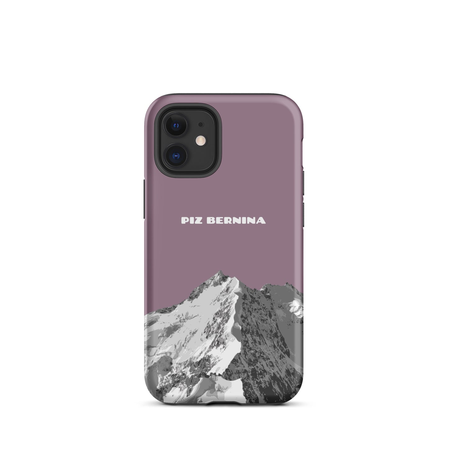 Hülle für das iPhone 12 Mini von Apple in der Farbe Pastellviolett, dass den Piz Bernina in Graubünden zeigt.
