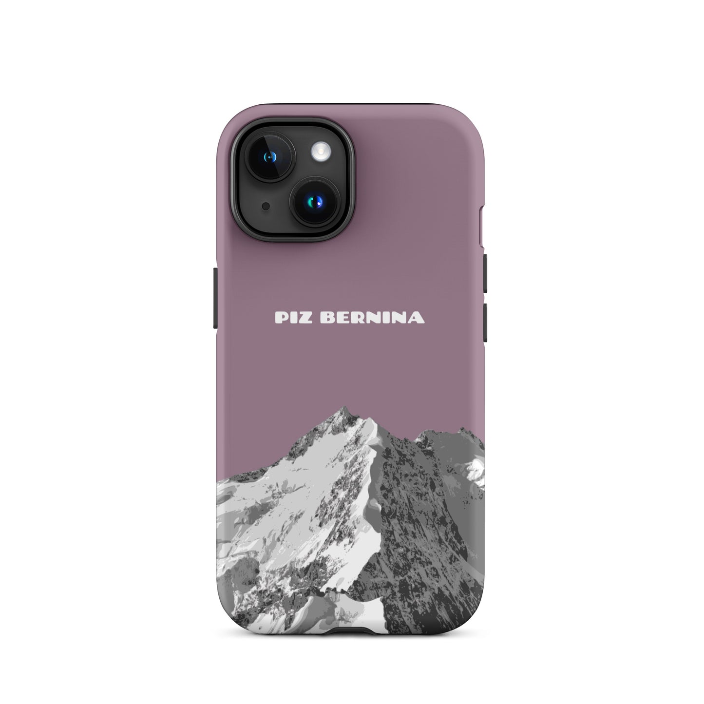 Hülle für das iPhone 15 von Apple in der Farbe Pastellviolett, dass den Piz Bernina in Graubünden zeigt.