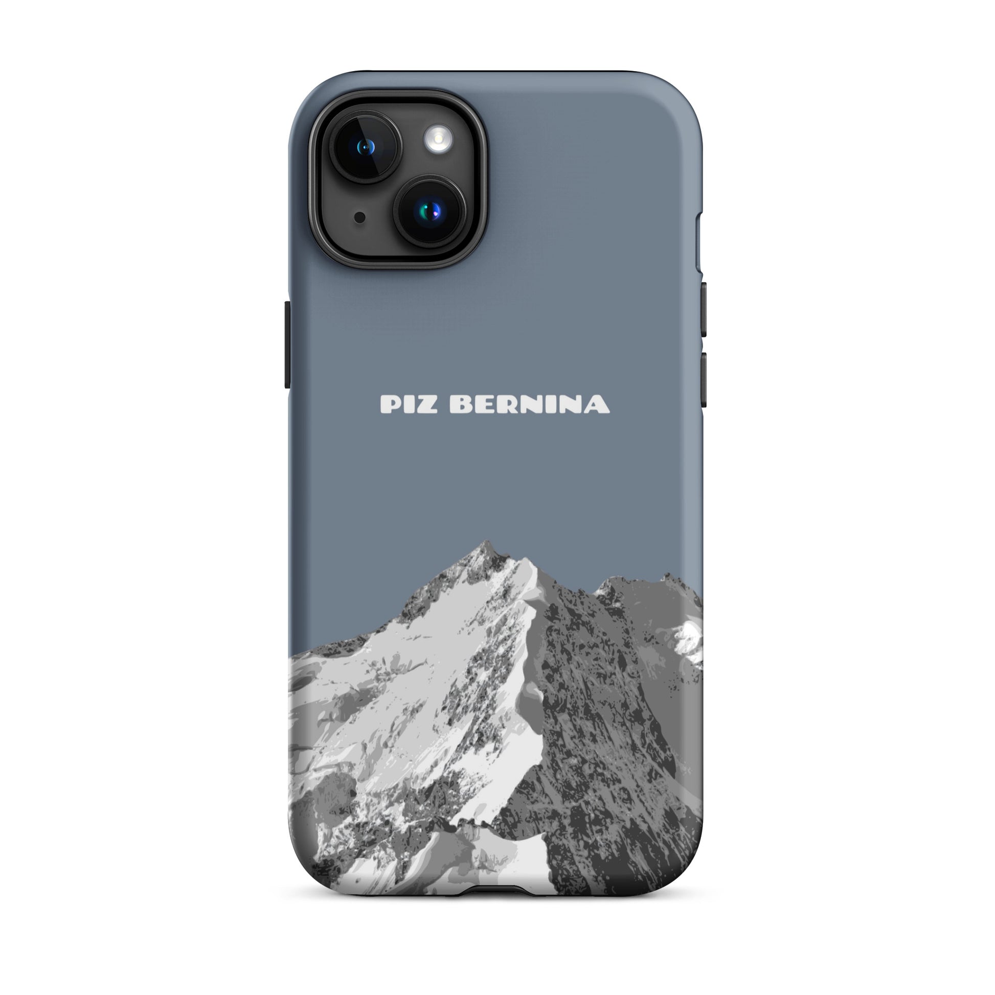 Hülle für das iPhone 15 Plus von Apple in der Farbe Schiefergrau, dass den Piz Bernina in Graubünden zeigt.