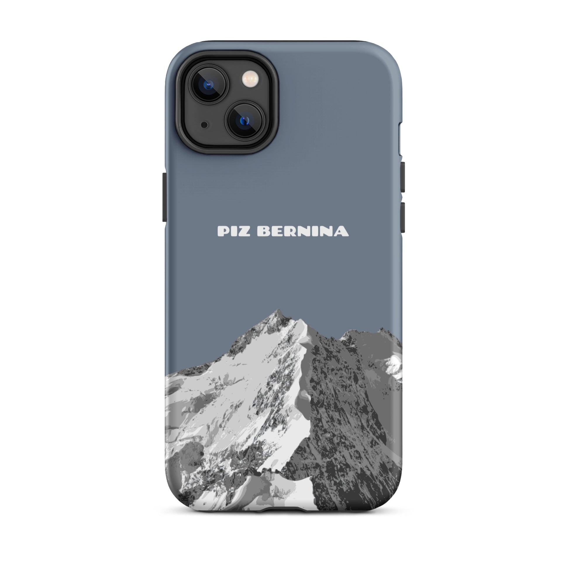 Hülle für das iPhone 14 Plus von Apple in der Farbe Schiefergrau, dass den Piz Bernina in Graubünden zeigt.