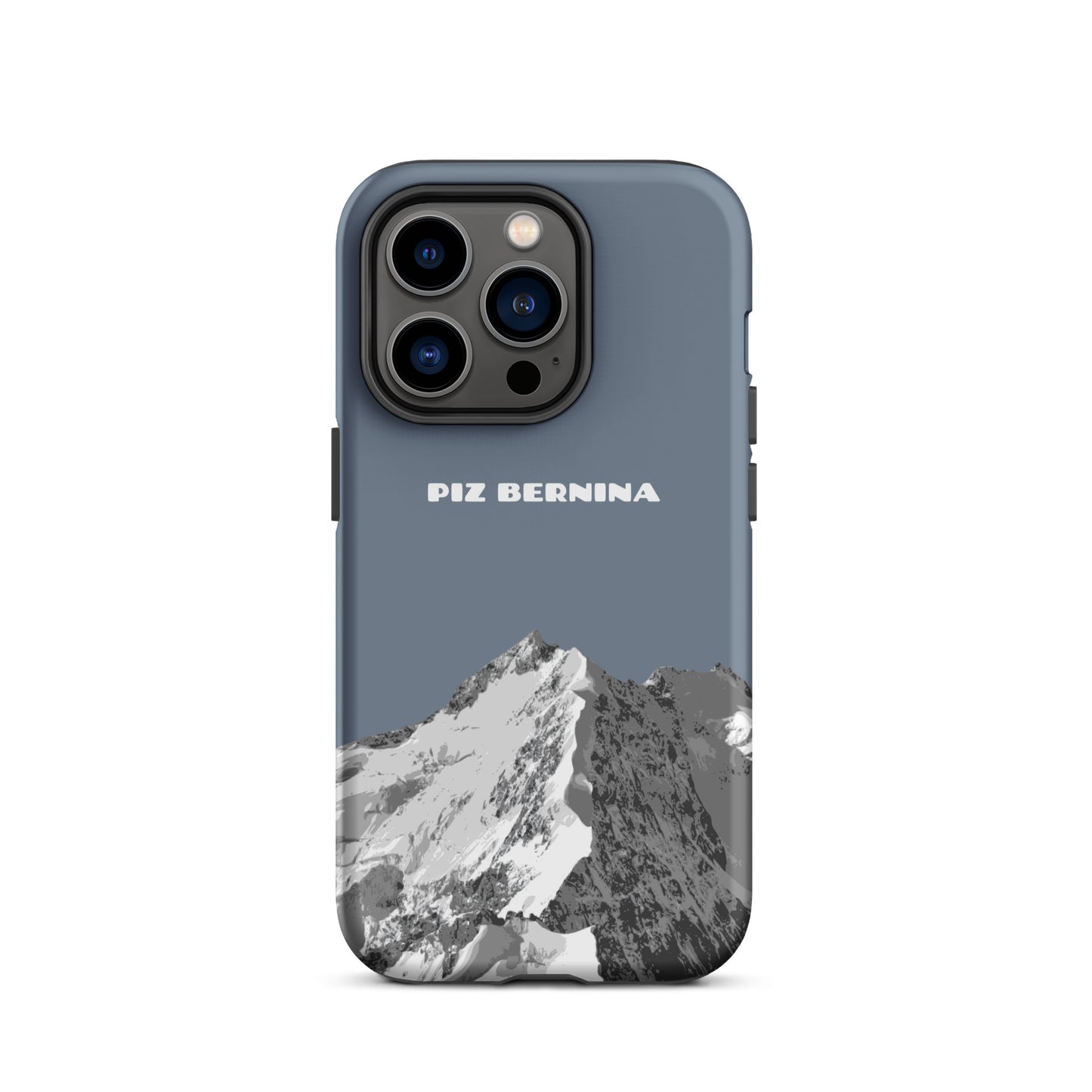 Hülle für das iPhone 14 Pro von Apple in der Farbe Schiefergrau, dass den Piz Bernina in Graubünden zeigt.