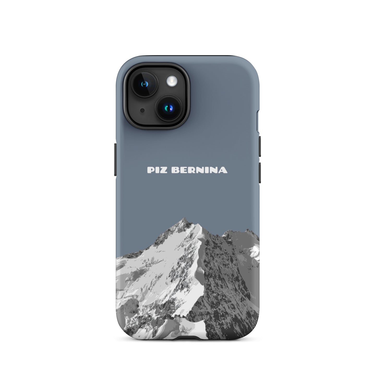 Hülle für das iPhone 15 von Apple in der Farbe Schiefergrau, dass den Piz Bernina in Graubünden zeigt.