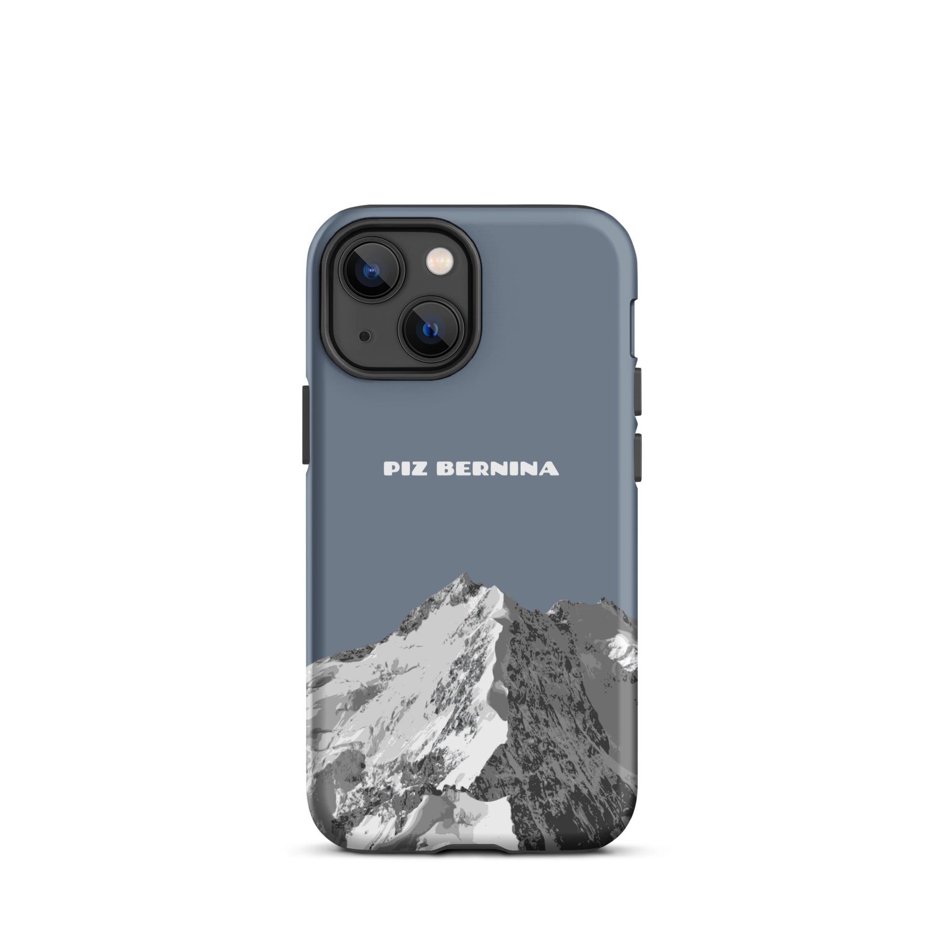 Hülle für das iPhone 13 Mini von Apple in der Farbe Schiefergrau, dass den Piz Bernina in Graubünden zeigt.
