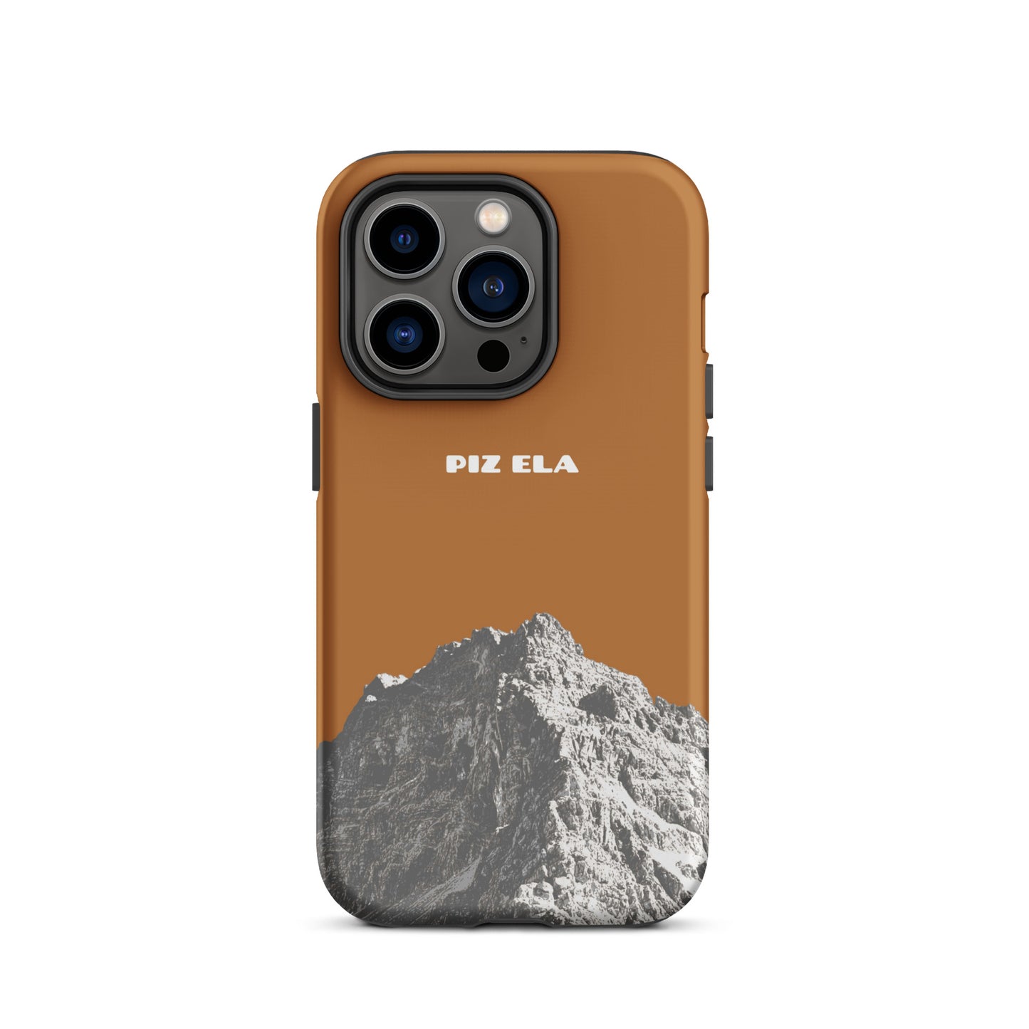 Kupferfarbene iPhone 14 Pro Handyhülle mit Piz Ela Motiv aus Graubünden, robustes Design.