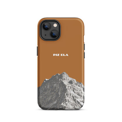 Kupferfarbene iPhone 13 Hülle mit Piz Ela Motiv aus Graubünden, robustes Design.