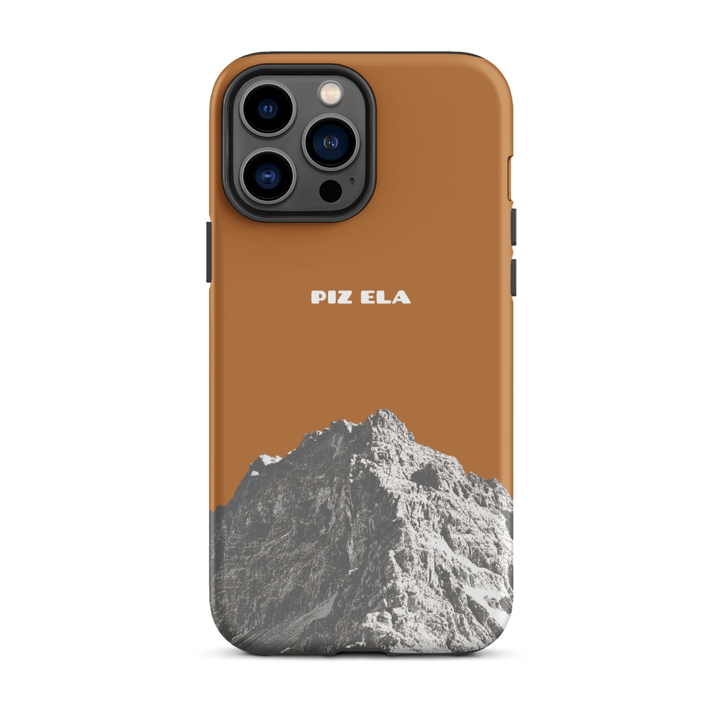 Kupferfarbene iPhone 13 Pro Max Hülle mit Piz Ela Motiv aus Graubünden, Schweiz.