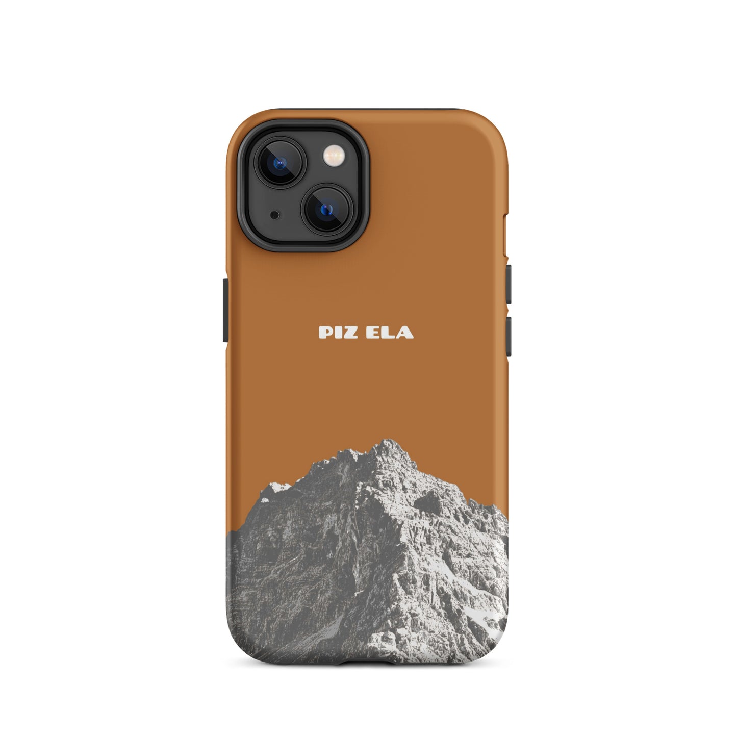 iPhone 14 Kupfer Handyhülle mit Piz Ela Motiv aus Graubünden, Schweiz.