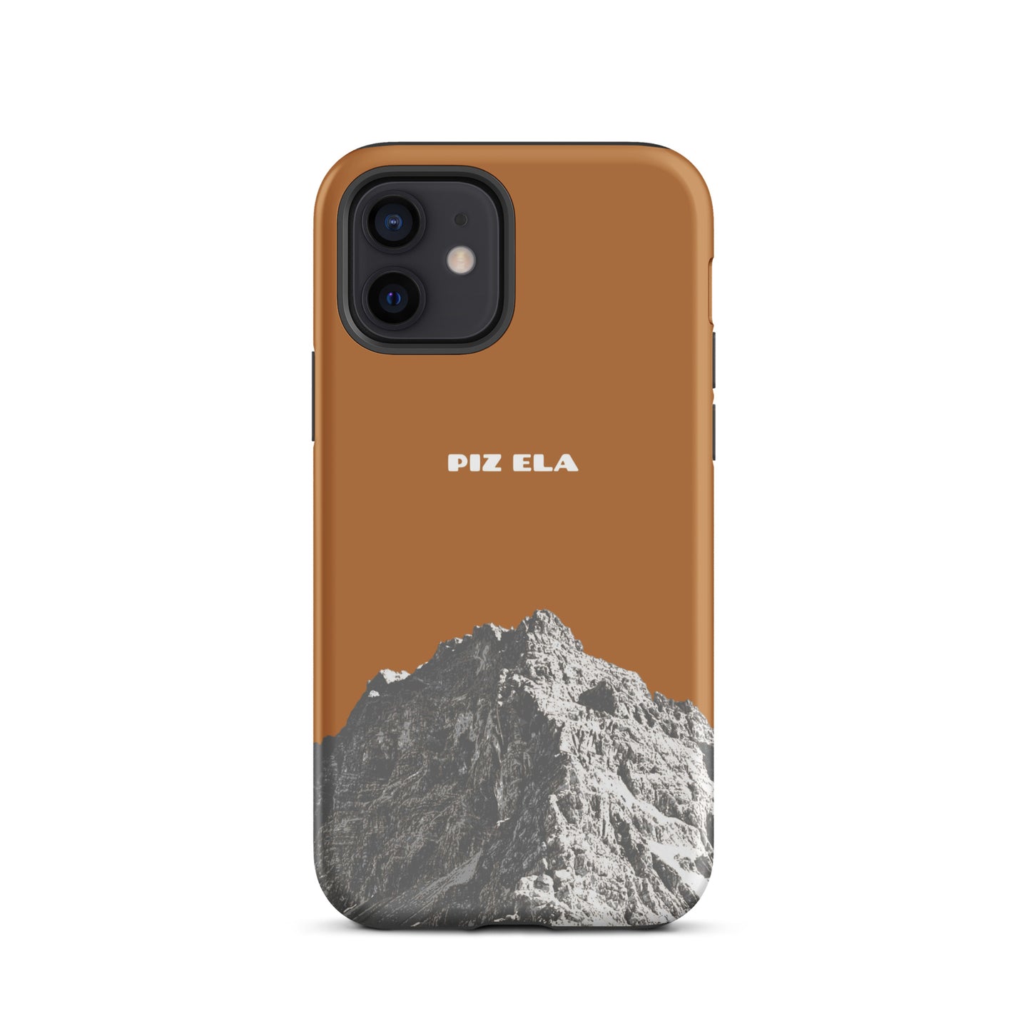 Kupferfarbene iPhone 12 Hülle mit Piz Ela Motiv aus Graubünden, robustes Design.