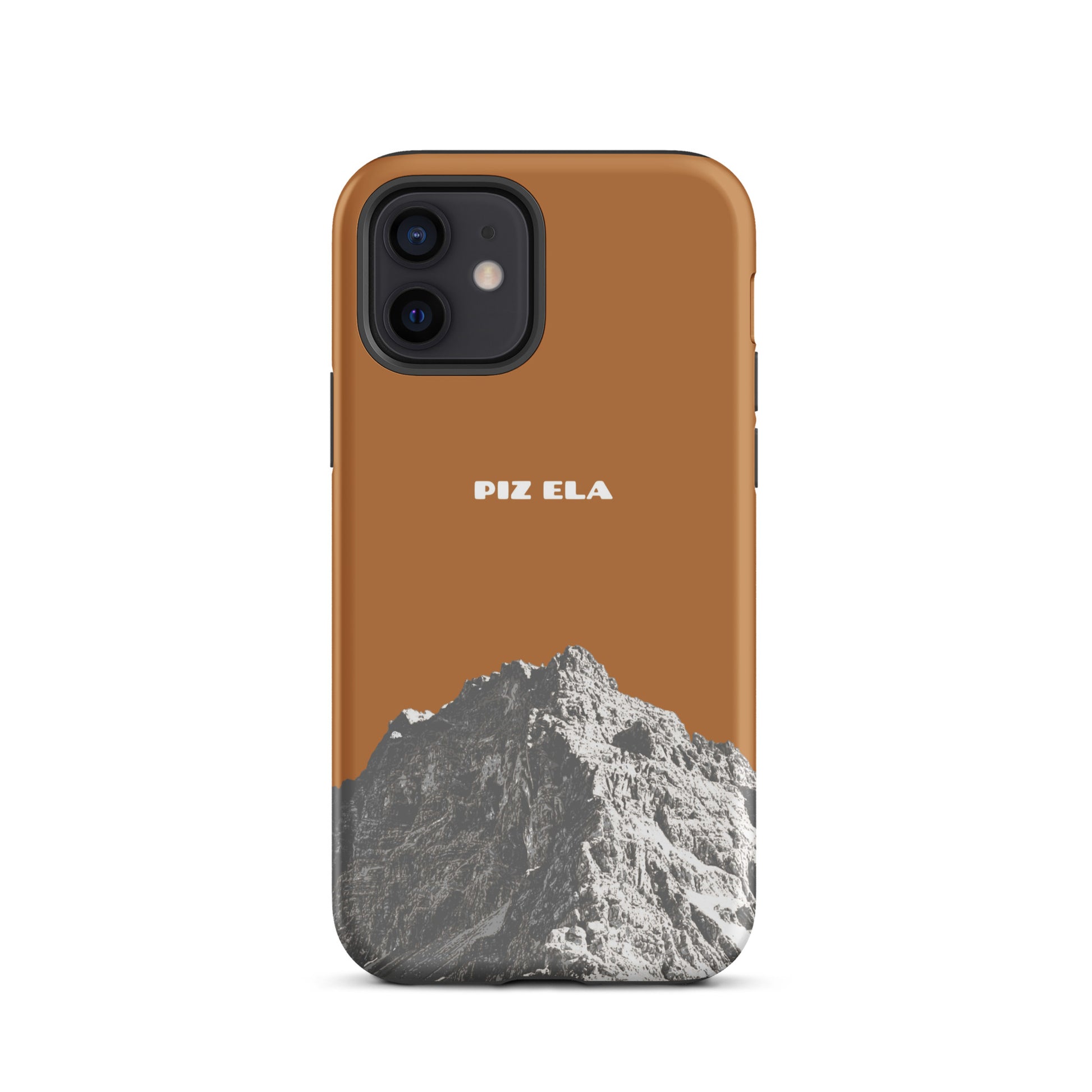 Kupferfarbene iPhone 12 Hülle mit Piz Ela Motiv aus Graubünden, robustes Design.
