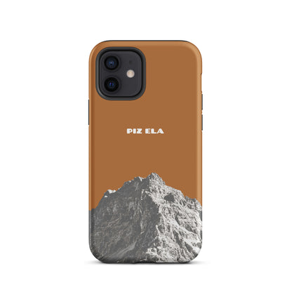 Kupferfarbene iPhone 12 Hülle mit Piz Ela Motiv aus Graubünden, robustes Design.
