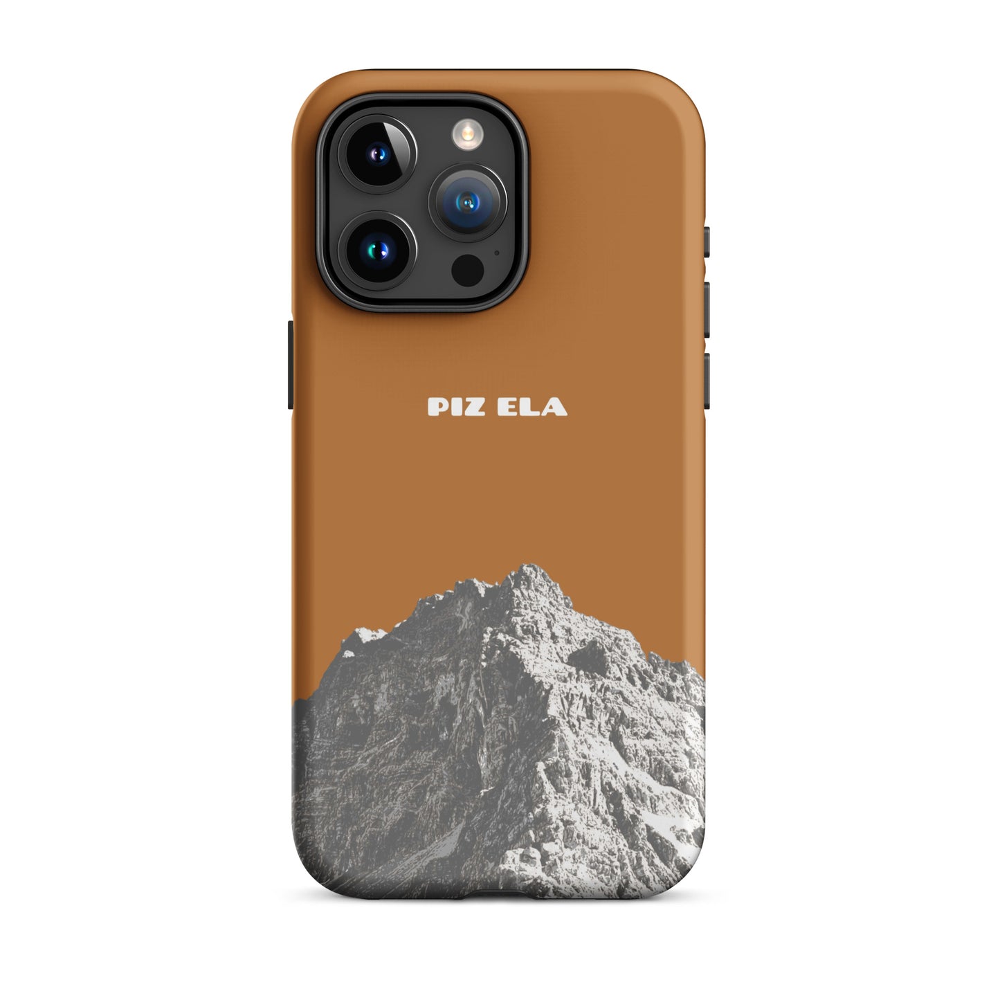 Kupferfarbene iPhone 15 Pro Max Hülle mit Piz Ela Motiv aus Graubünden.
