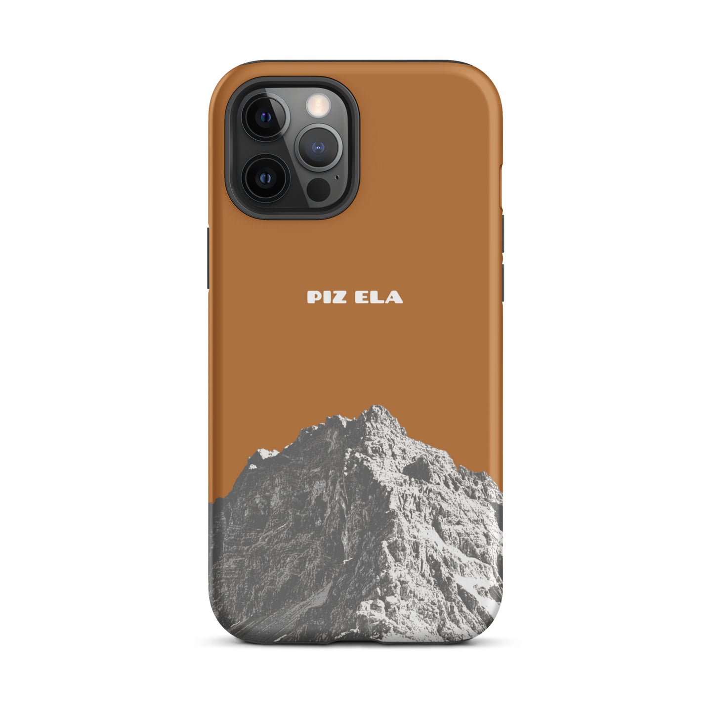 Kupferfarbene iPhone 12 Pro Max Hülle mit Piz Ela Design aus Graubünden, Vorderansicht.