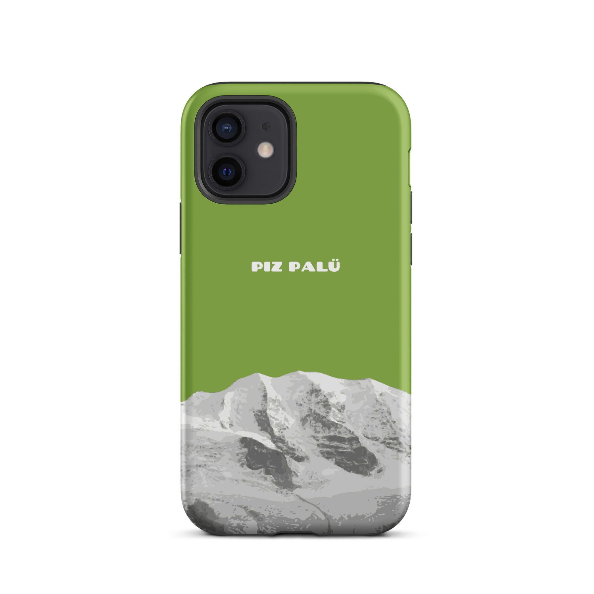 Hülle für das iPhone 12 von Apple in der Farbe Gelbgrün, dass den Piz Palü in Graubünden zeigt. 
