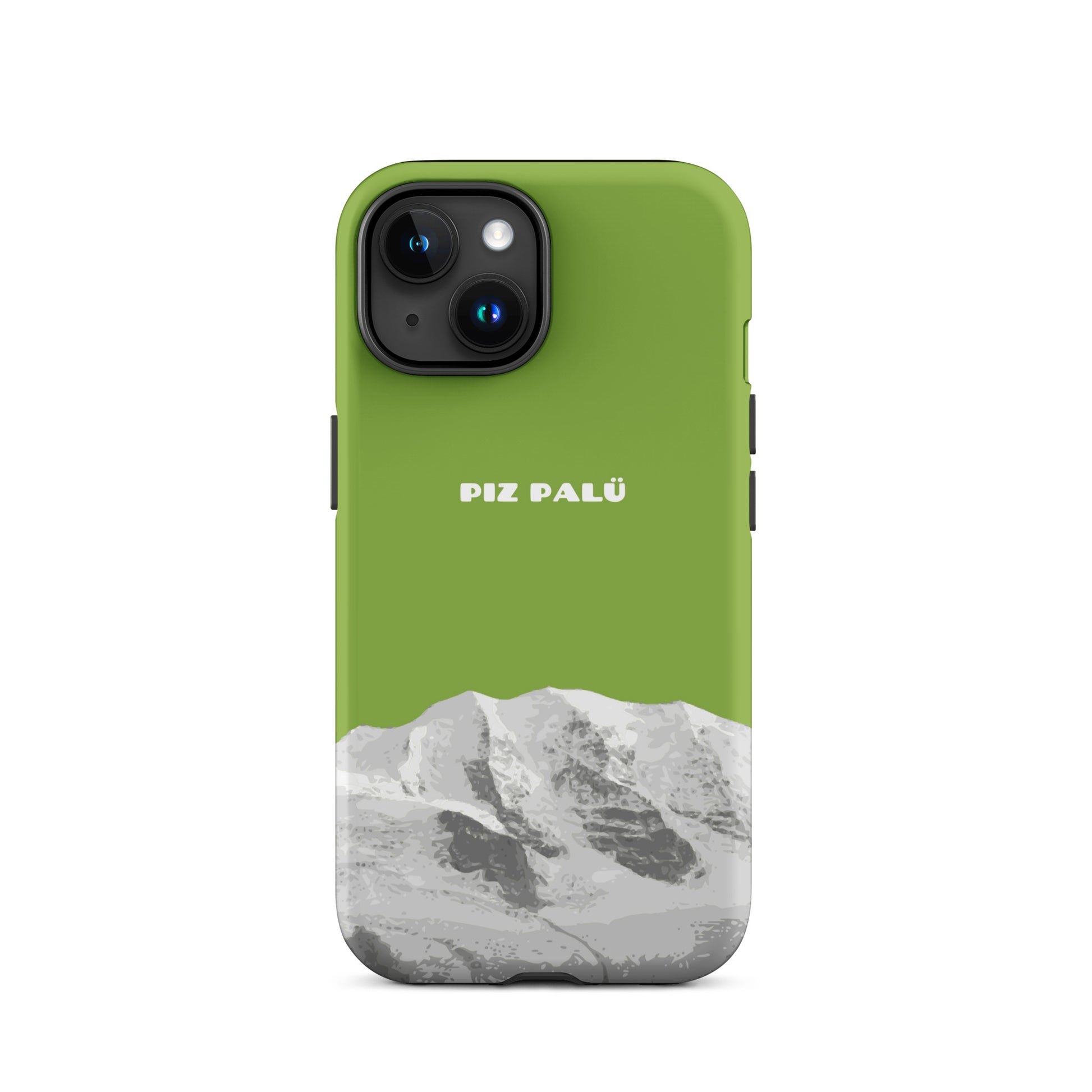 Hülle für das iPhone 15 von Apple in der Farbe Gelbgrün, dass den Piz Palü in Graubünden zeigt. 