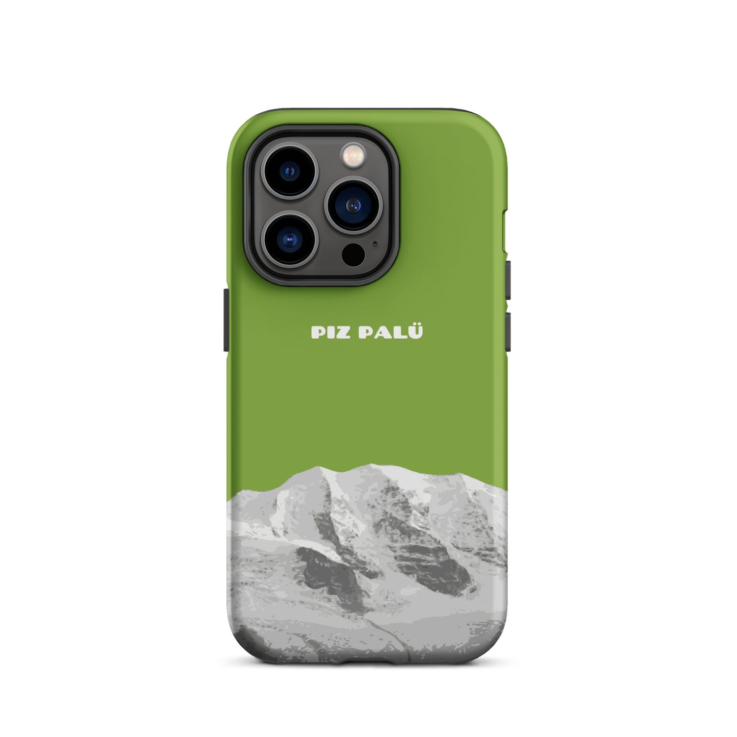 Hülle für das iPhone 14 Pro von Apple in der Farbe Gelbgrün, dass den Piz Palü in Graubünden zeigt. 