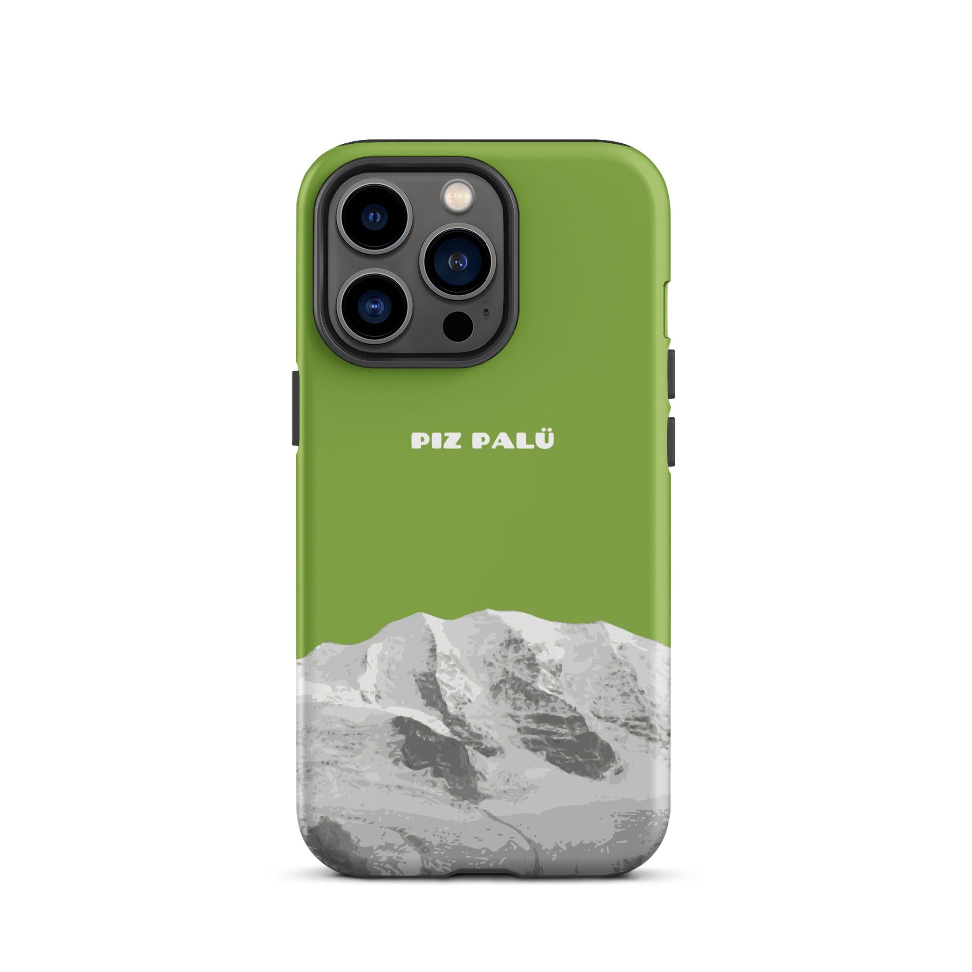 Hülle für das iPhone 13 Pro von Apple in der Farbe Gelbgrün, dass den Piz Palü in Graubünden zeigt. 