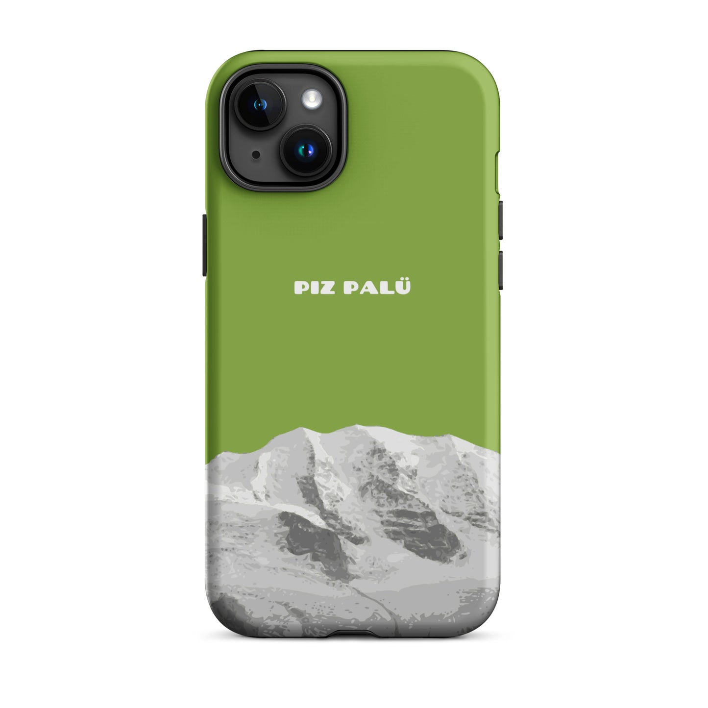 Hülle für das iPhone 15 Plus von Apple in der Farbe Gelbgrün, dass den Piz Palü in Graubünden zeigt. 