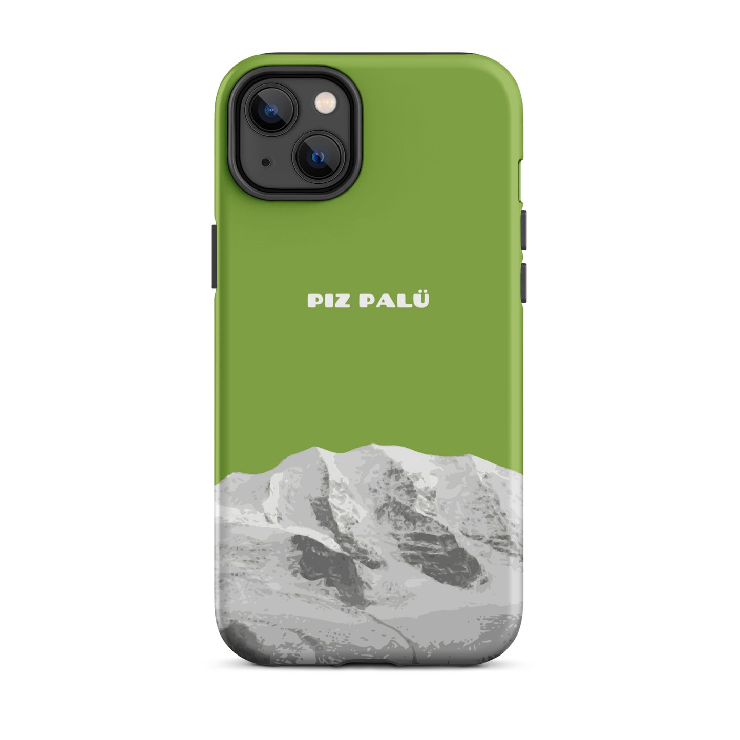 Hülle für das iPhone 14 Plus von Apple in der Farbe Gelbgrün, dass den Piz Palü in Graubünden zeigt. 