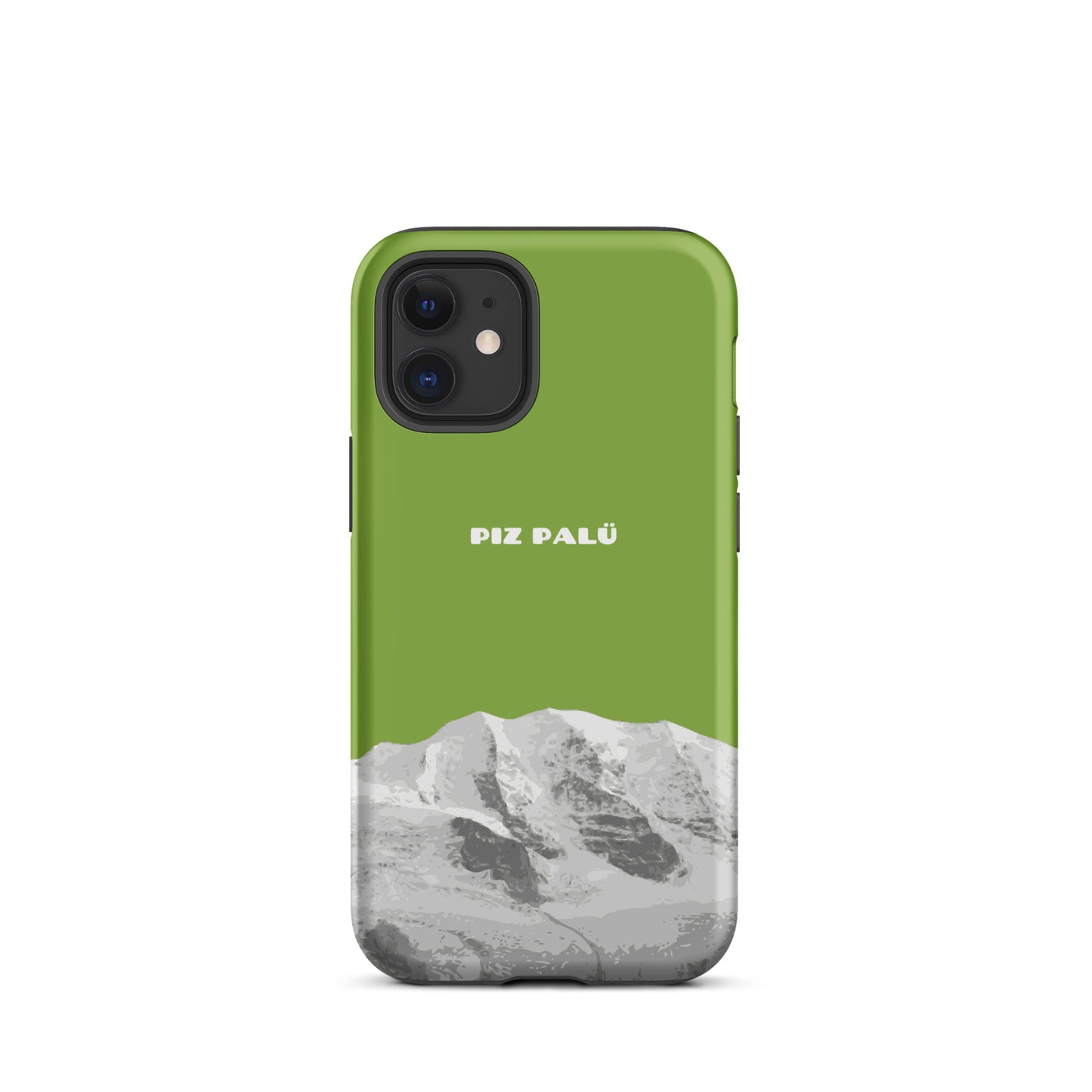 Hülle für das iPhone 12 mini von Apple in der Farbe Gelbgrün, dass den Piz Palü in Graubünden zeigt. 