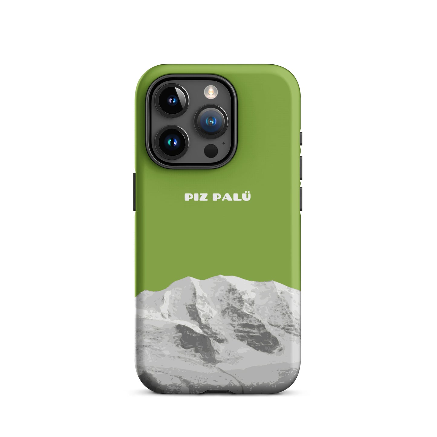 Hülle für das iPhone 15 Pro von Apple in der Farbe Gelbgrün, dass den Piz Palü in Graubünden zeigt. 