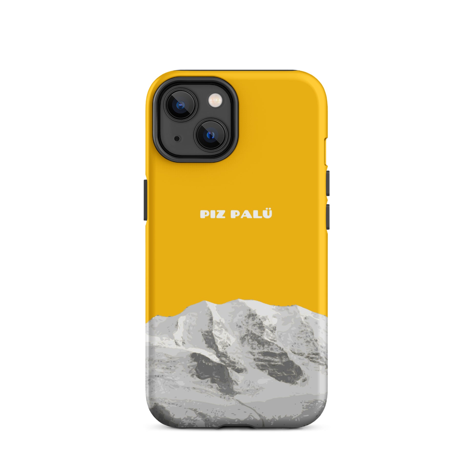 Hülle für das iPhone 14 von Apple in der Farbe Goldgelb, dass den Piz Palü in Graubünden zeigt.