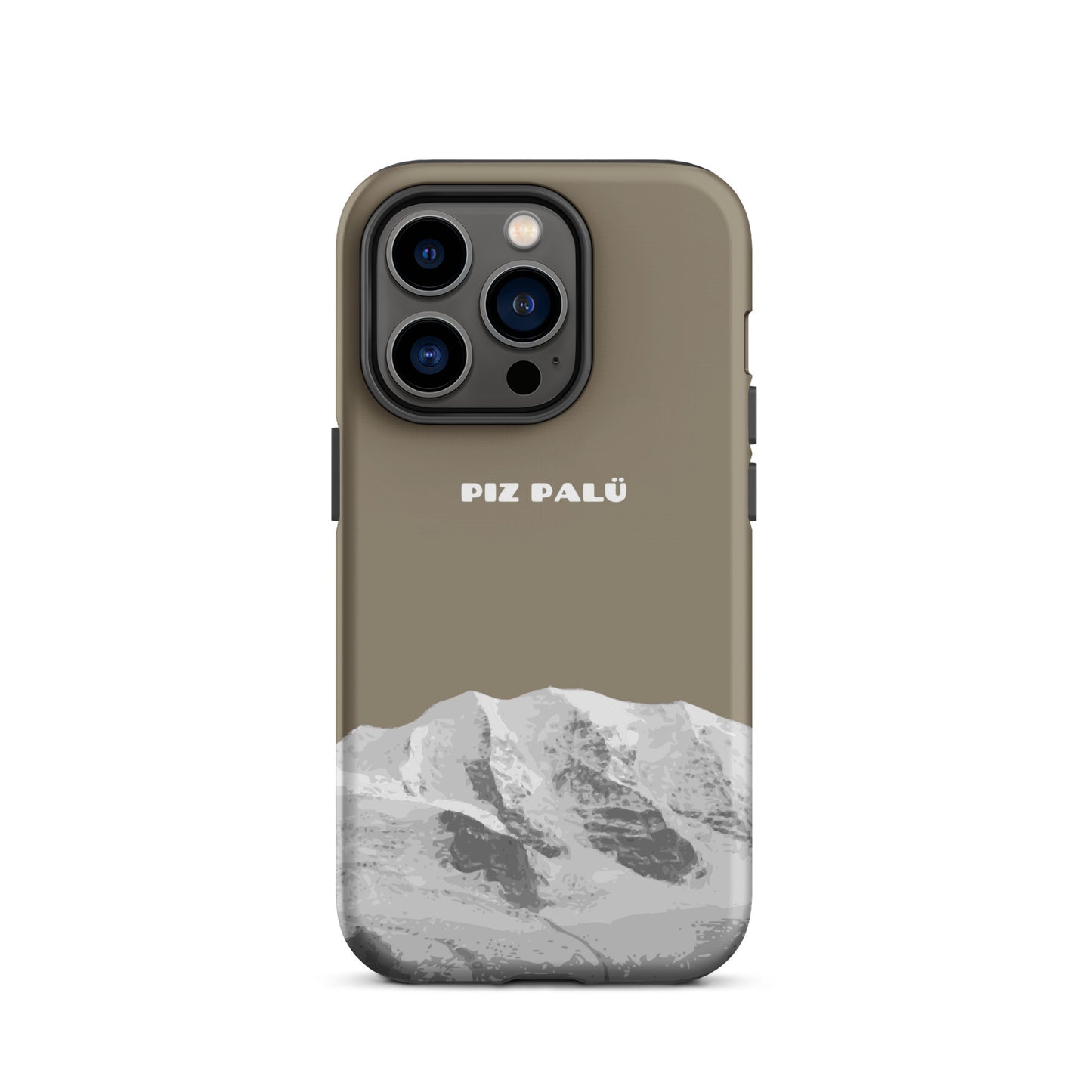Hülle für das iPhone 14 Pro von Apple in der Farbe Graubrau, dass den Piz Palü in Graubünden zeigt.