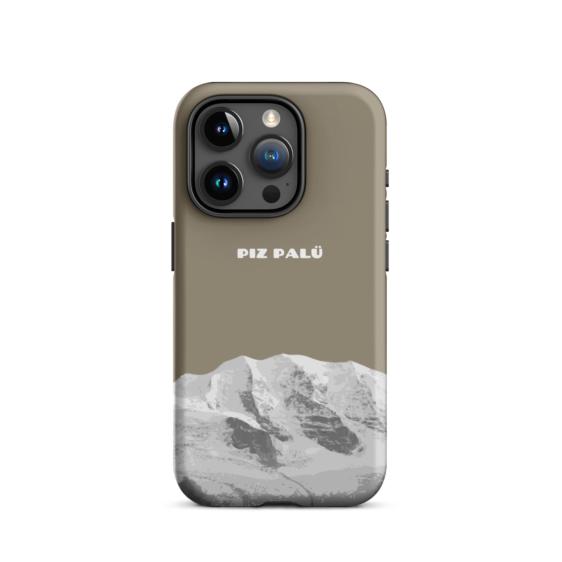 Hülle für das iPhone 15 Pro von Apple in der Farbe Graubrau, dass den Piz Palü in Graubünden zeigt.