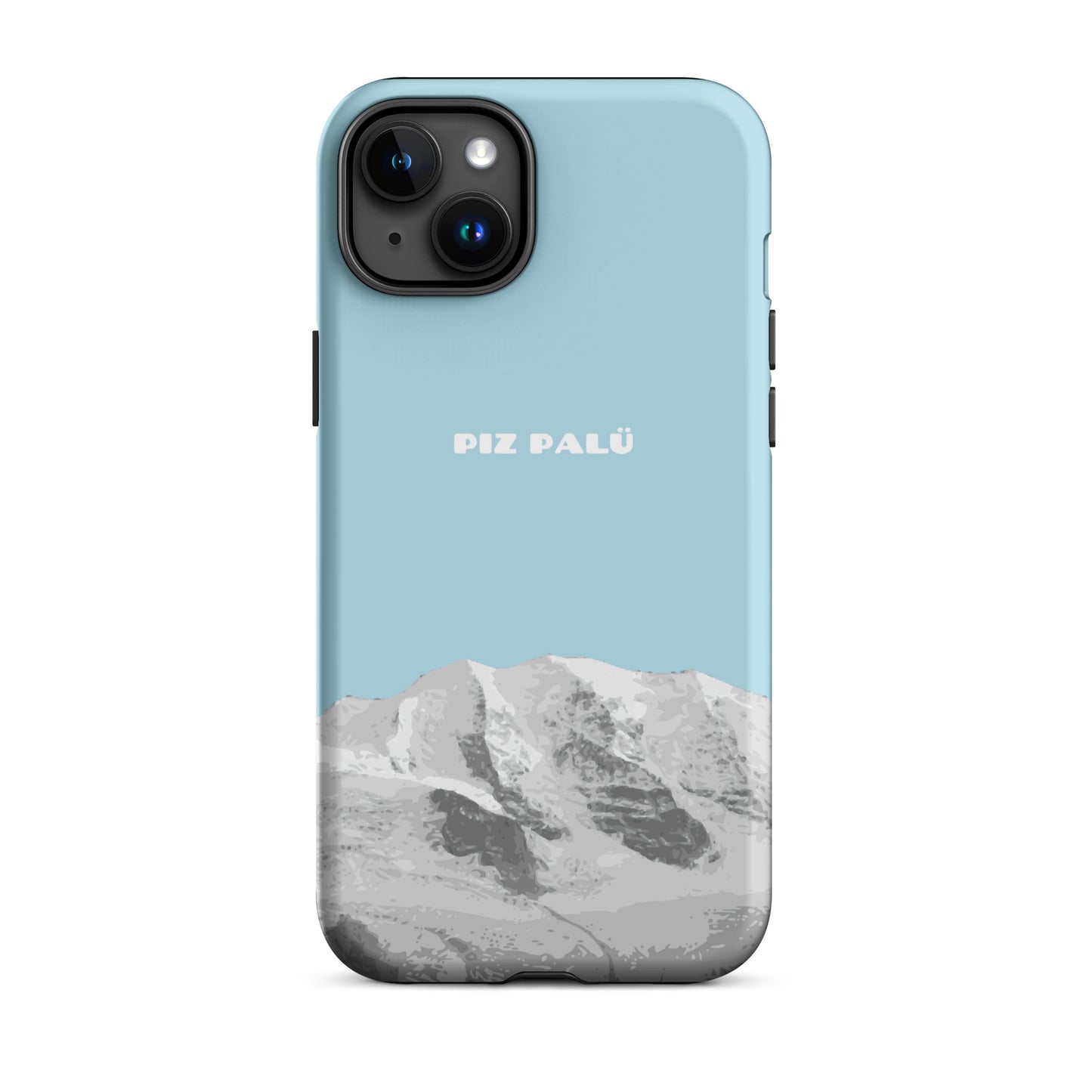 Hülle für das iPhone 15 Plus von Apple in der Farbe Hellblau, dass den Piz Palü in Graubünden zeigt.