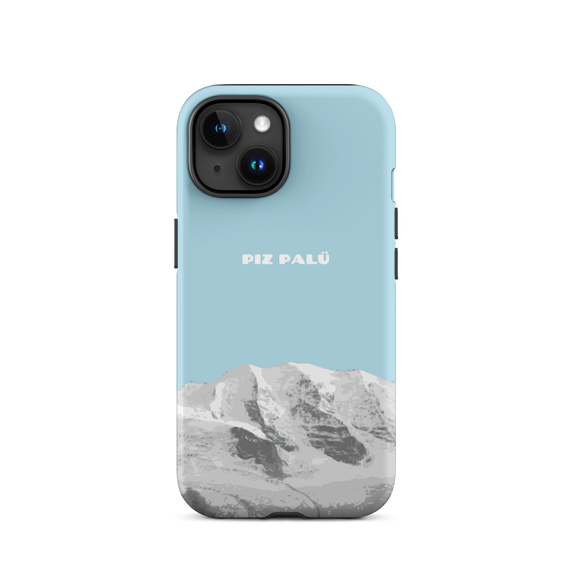 Hülle für das iPhone 15 von Apple in der Farbe Hellblau, dass den Piz Palü in Graubünden zeigt.
