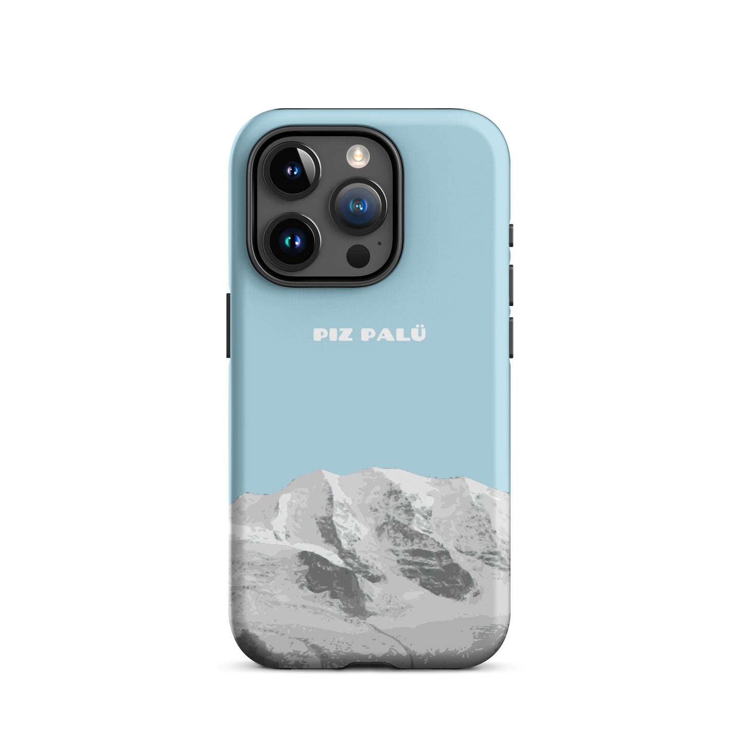 Hülle für das iPhone 15 Pro von Apple in der Farbe Hellblau, dass den Piz Palü in Graubünden zeigt.