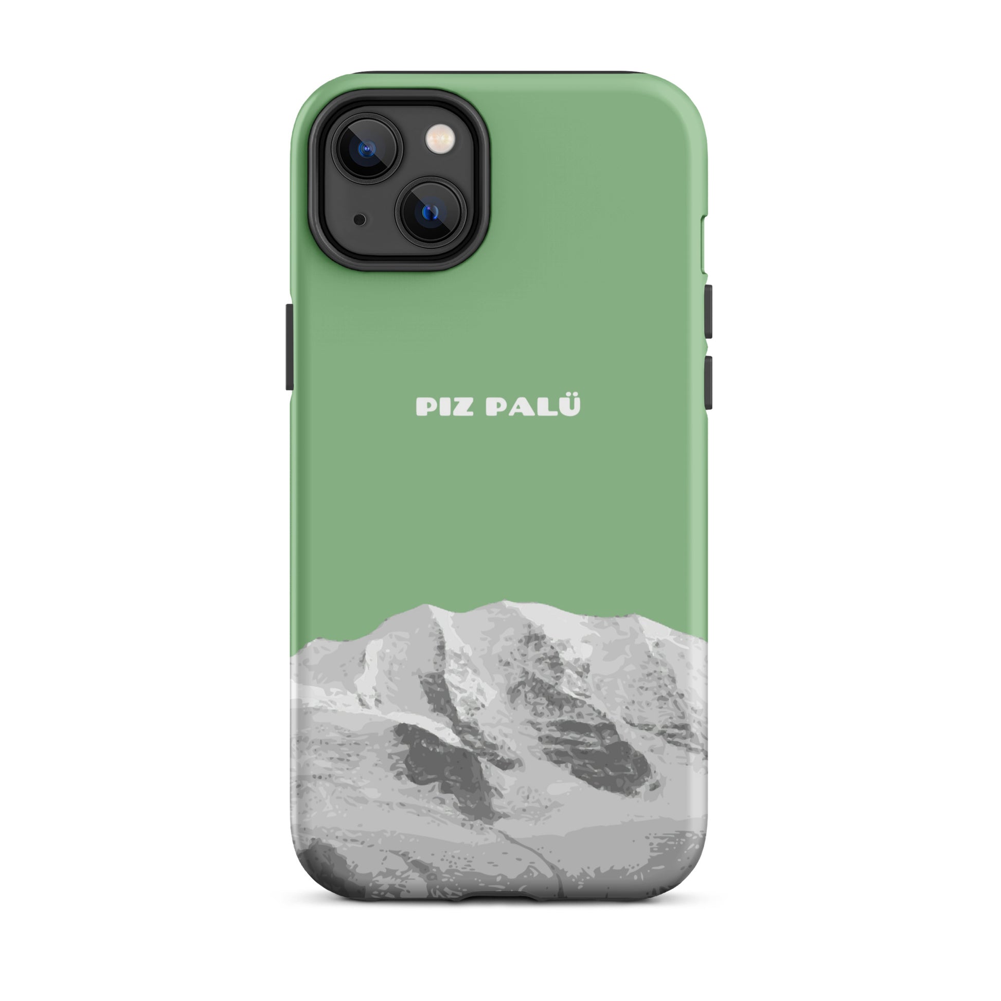 Hülle für das iPhone 14 Plus von Apple in der Farbe Hellgrün, dass den Piz Palü in Graubünden zeigt.