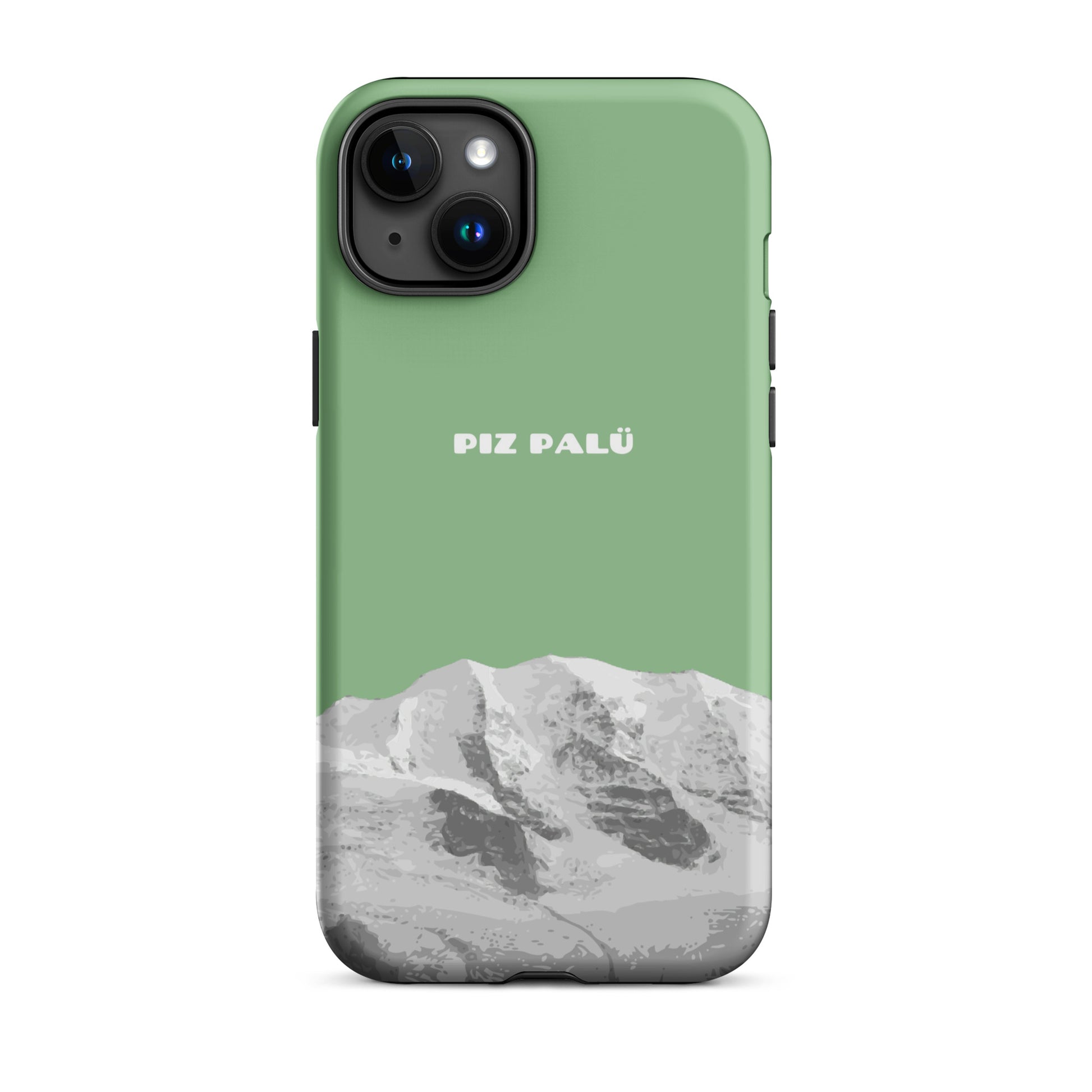 Hülle für das iPhone 15 Plus von Apple in der Farbe Hellgrün, dass den Piz Palü in Graubünden zeigt.