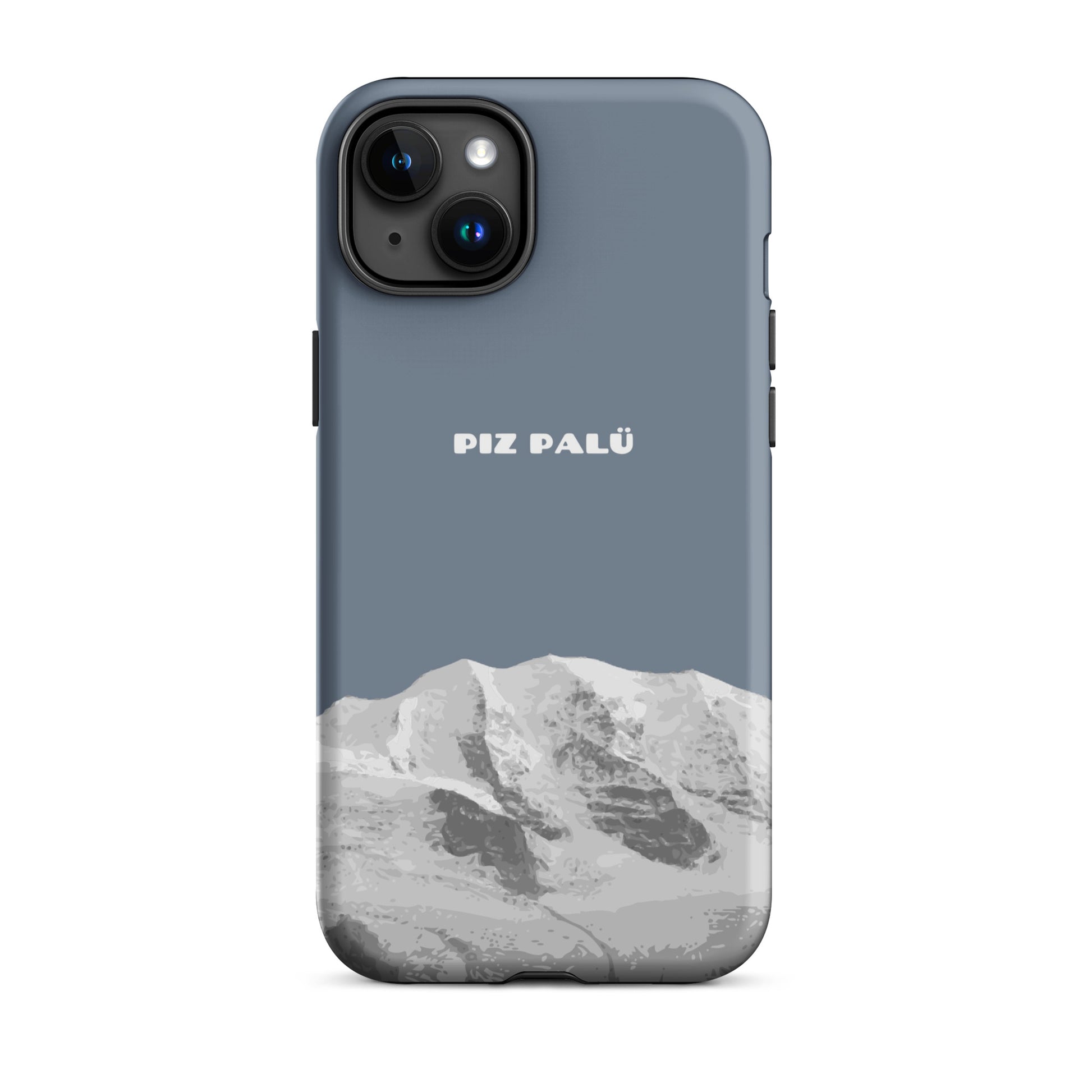 Hülle für das iPhone 15 Plus von Apple in der Farbe Schiefergrau, dass den Piz Palü in Graubünden zeigt.
