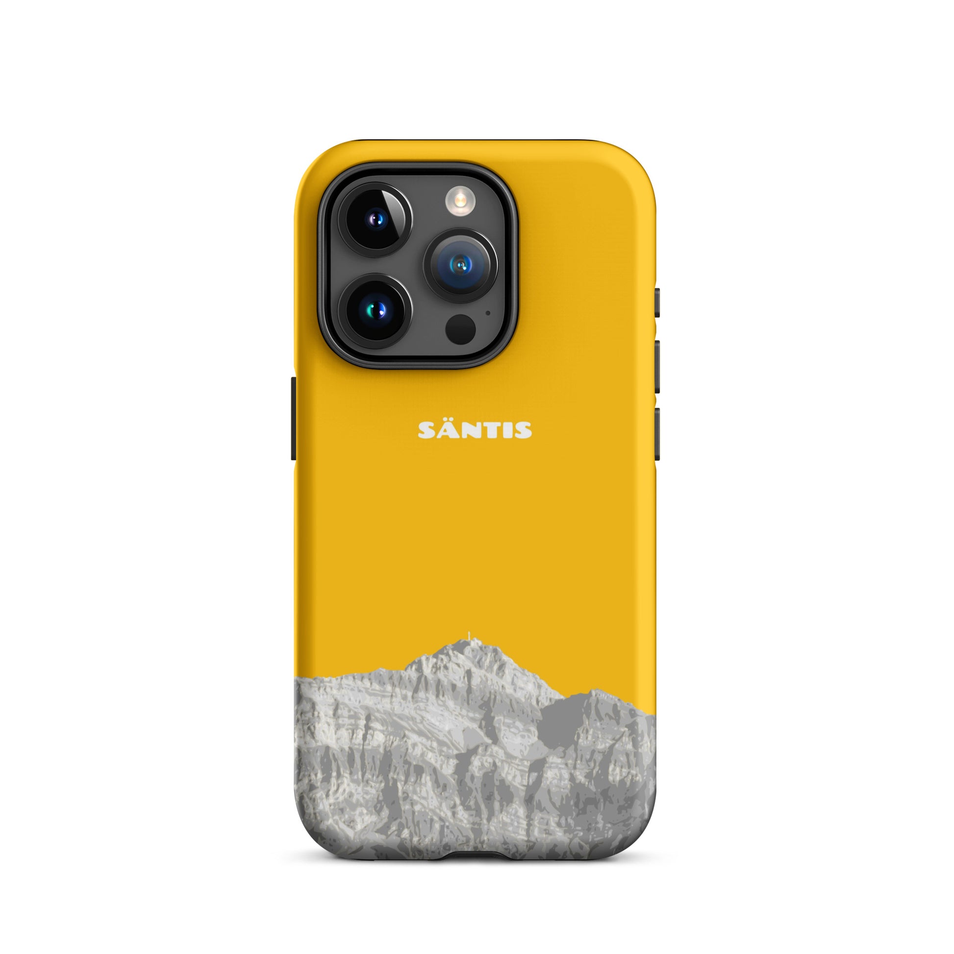 Hülle für das iPhone 15 Pro von Apple in der Farbe Goldgelb, dass den Säntis im Alpstein zeigt.