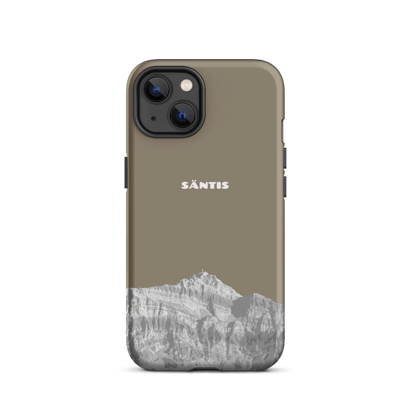 Hülle für das iPhone 13 von Apple in der Farbe Graubraun, dass den Säntis im Alpstein zeigt.