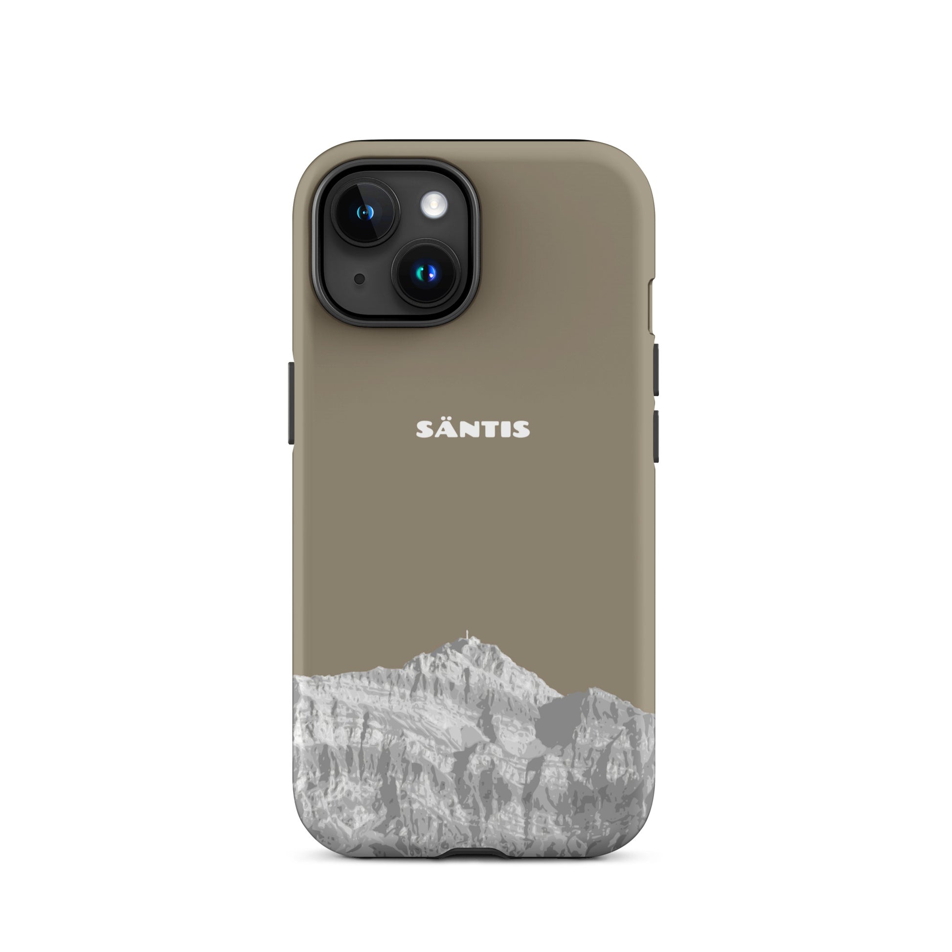 Hülle für das iPhone 15 von Apple in der Farbe Graubraun, dass den Säntis im Alpstein zeigt.