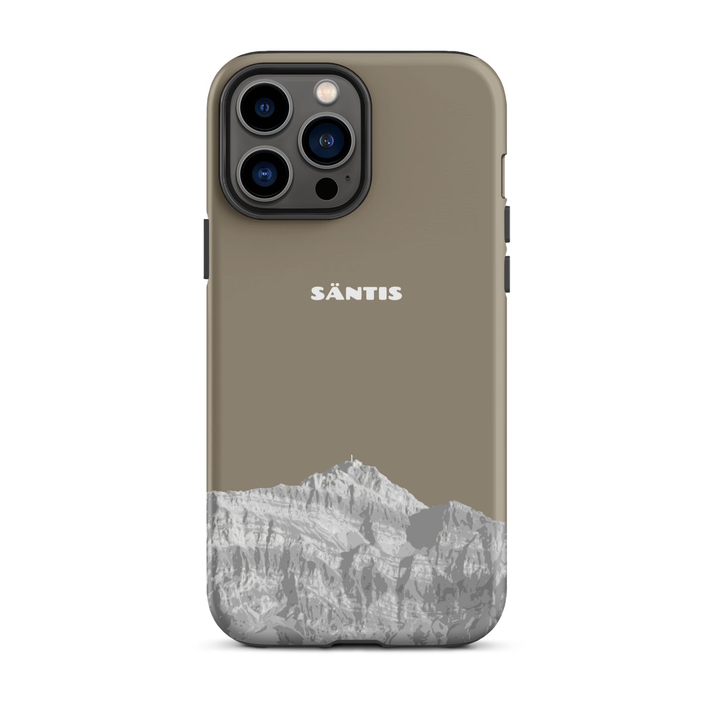 Hülle für das iPhone 13 Pro Max von Apple in der Farbe Graubraun, dass den Säntis im Alpstein zeigt.