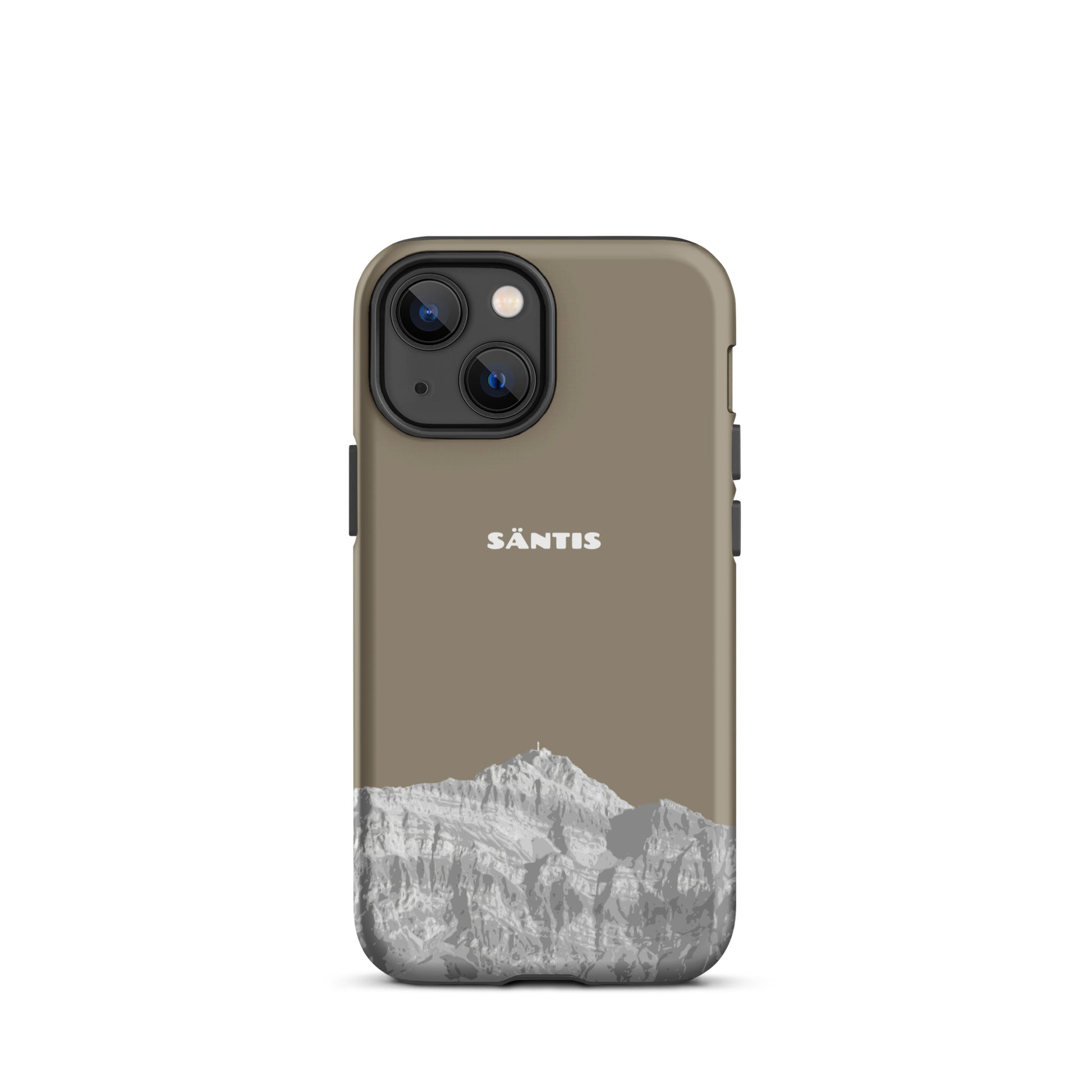 Hülle für das iPhone 13 Mini von Apple in der Farbe Graubraun, dass den Säntis im Alpstein zeigt.