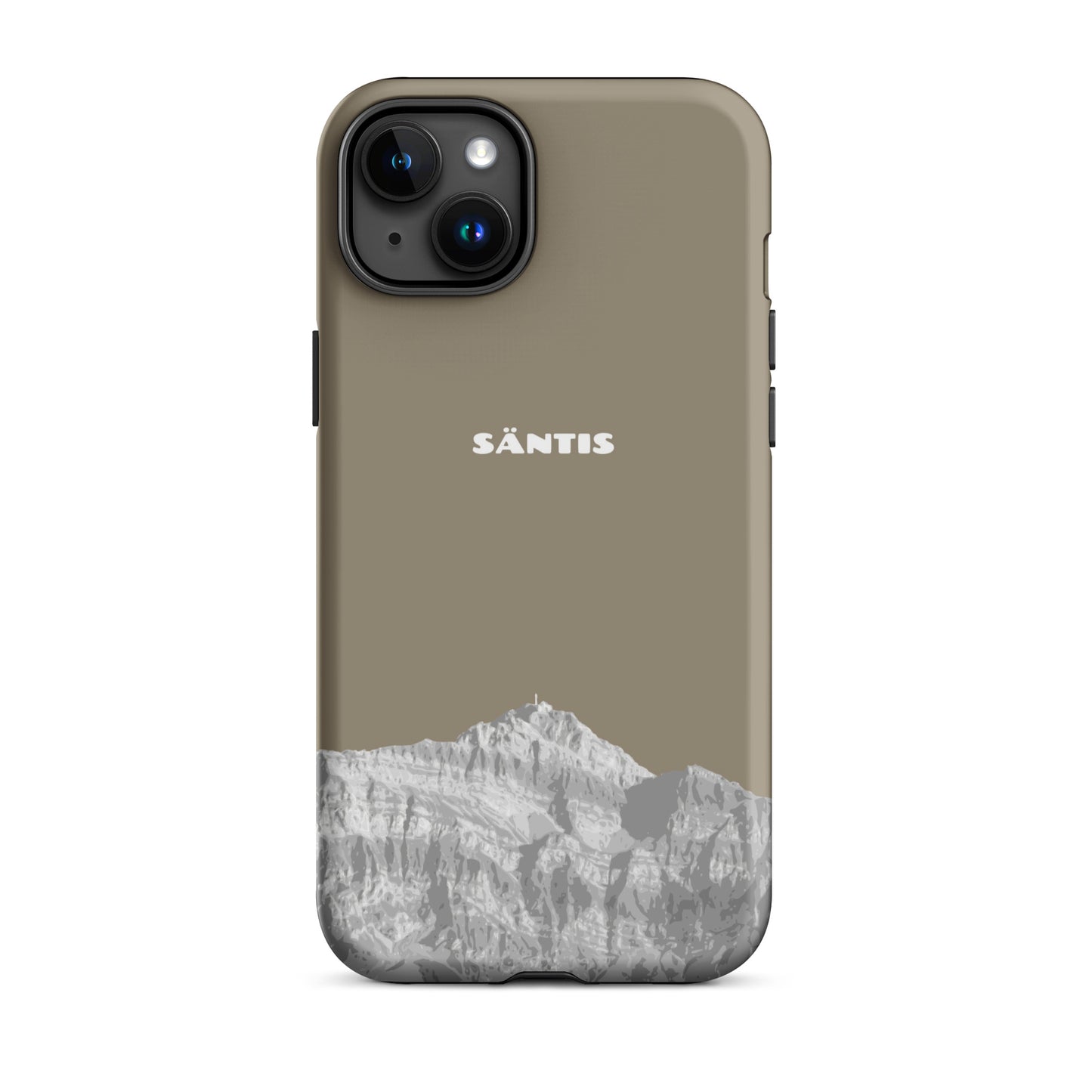 Hülle für das iPhone 15 Plus von Apple in der Farbe Graubraun, dass den Säntis im Alpstein zeigt.