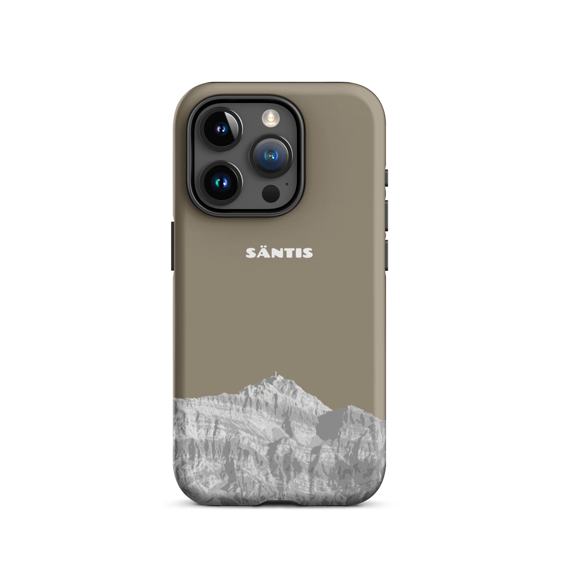 Hülle für das iPhone 15 Pro von Apple in der Farbe Graubraun, dass den Säntis im Alpstein zeigt.