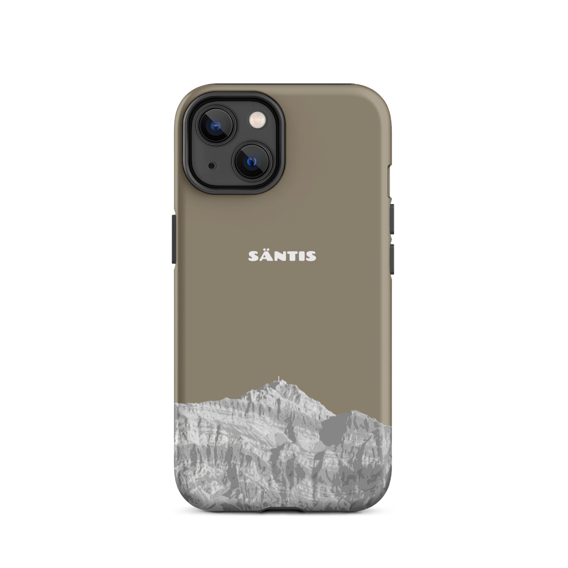 Hülle für das iPhone 14 von Apple in der Farbe Graubraun, dass den Säntis im Alpstein zeigt.