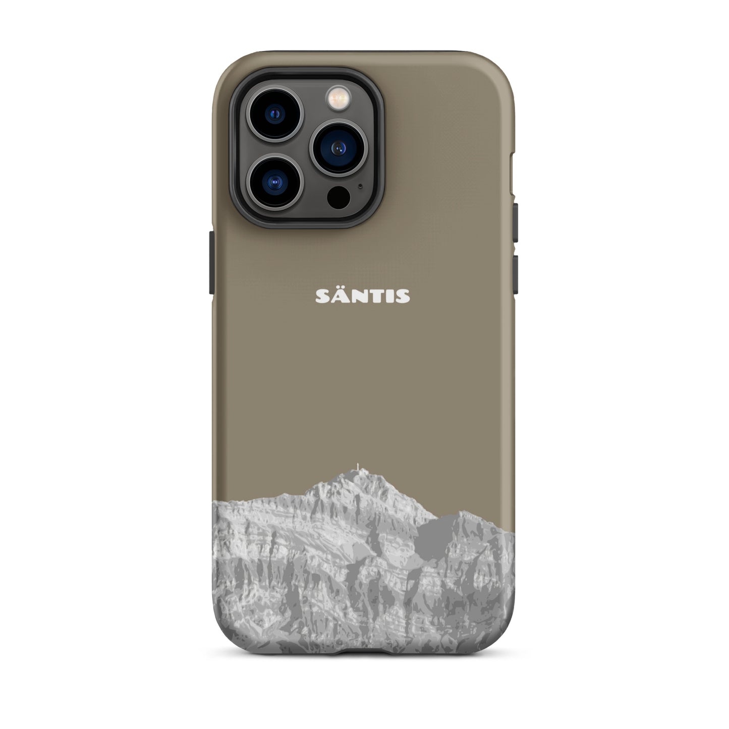 Hülle für das iPhone 14 Pro Max von Apple in der Farbe Graubraun, dass den Säntis im Alpstein zeigt.