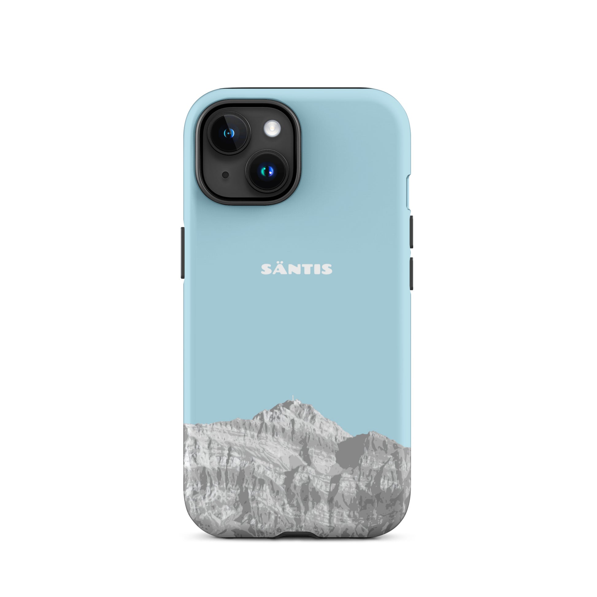 Hülle für das iPhone 15 von Apple in der Farbe Hellblau, dass den Säntis im Alpstein zeigt.