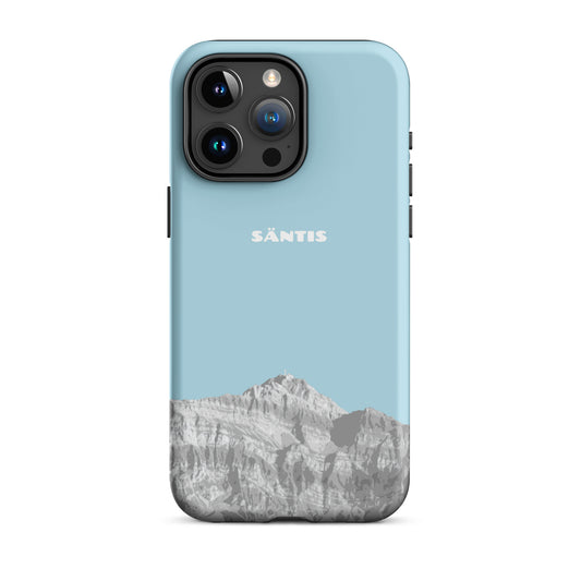 Hülle für das iPhone 15 Pro Max von Apple in der Farbe Hellblau, dass den Säntis im Alpstein zeigt.