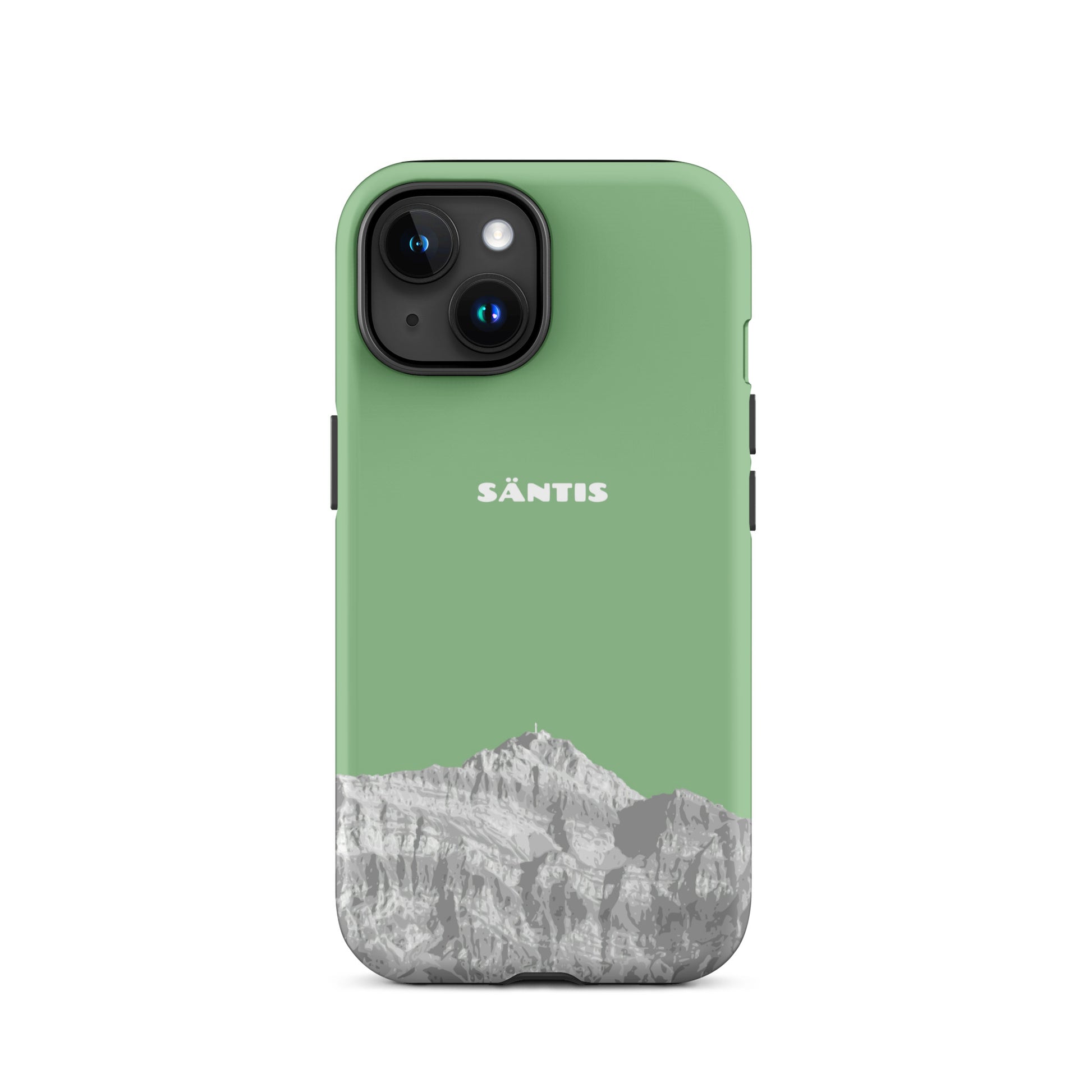 Hülle für das iPhone 15 von Apple in der Farbe Hellgrün, dass den Säntis im Alpstein zeigt.